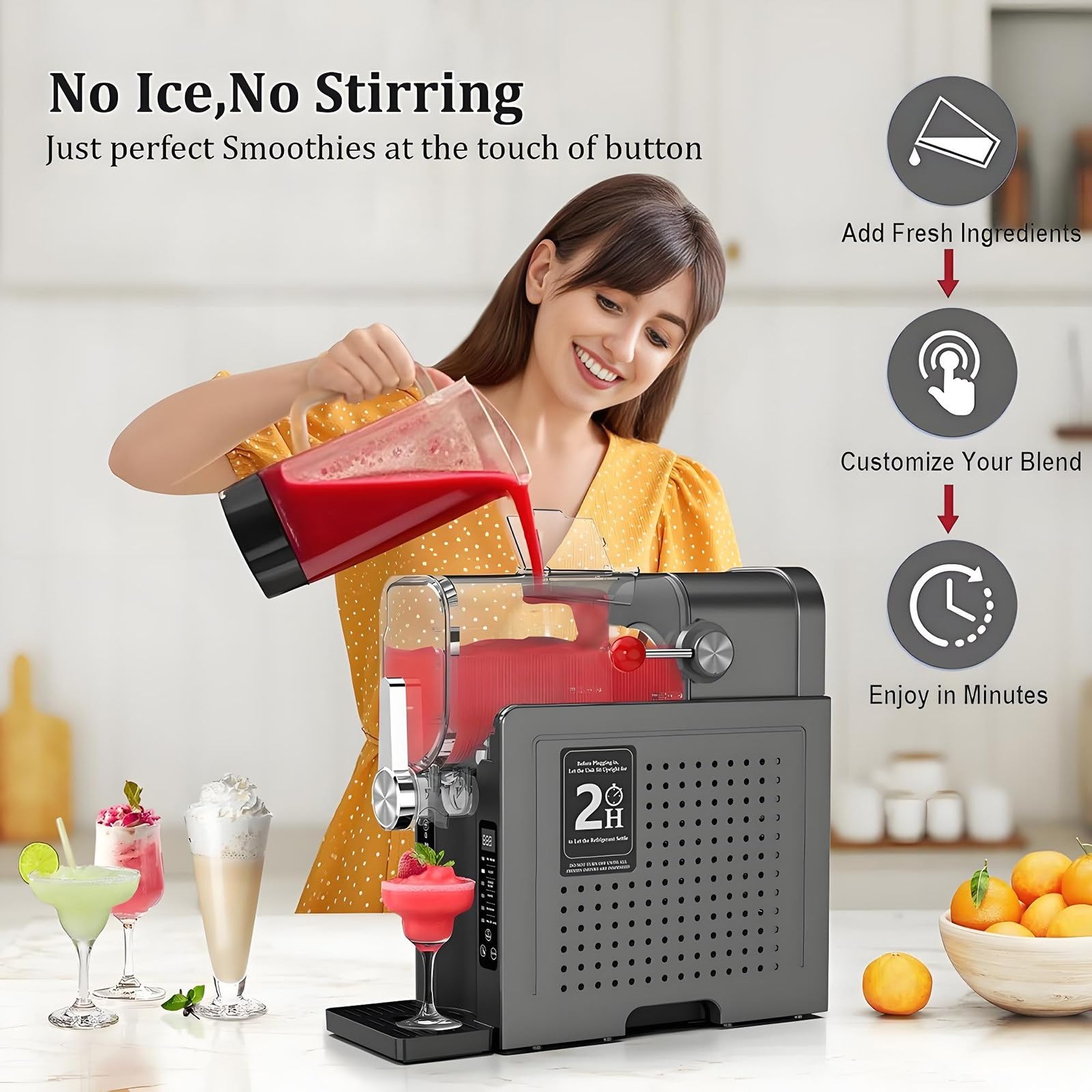 Máquina de granizados, no necesita hielo, función de limpieza automática, 6 opciones preestablecidas para margaritas congeladas, frappés, batidos, ideal para fiestas de verano