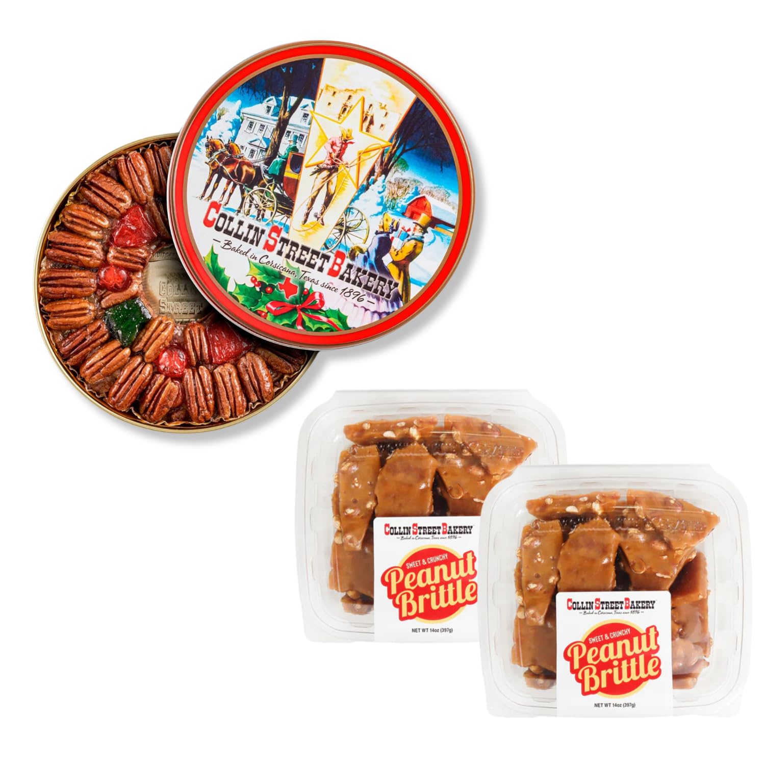 Collin Street BakeryMedium DeLuxe Fruitcake in Collectible Gift Tin + Peanut Brittle Candy 2 Pack - 8" Ring Serves 31 - Made in the USA