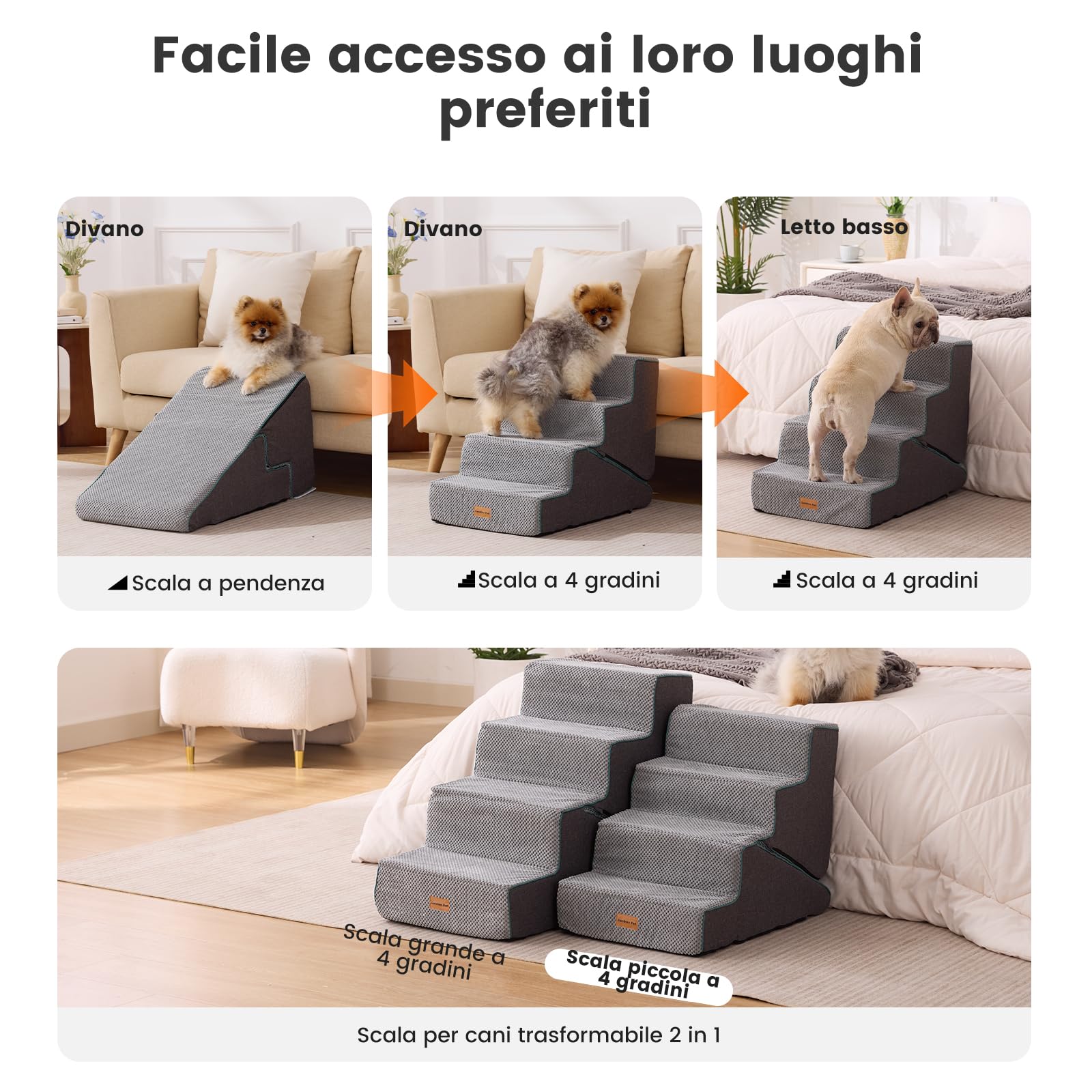 Gardner Pet scala 2-in-1 per cani piccoli, scala per cane a 4 gradini, rampe per cani in schiuma con rivestimento impermeabile e antiscivolo per letto, divano, poltrona e auto, grigio