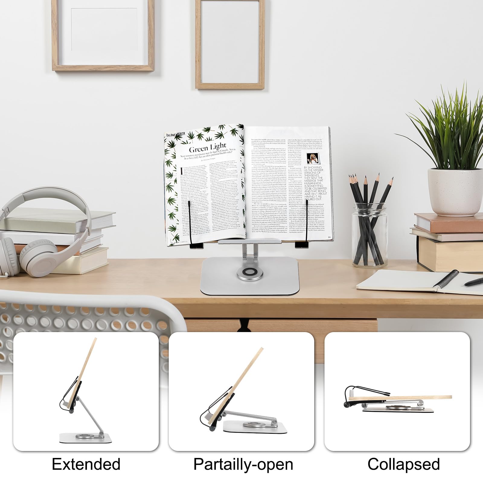 QUARKZMAN Libreria per Lettura Regolabile Libro Supporto con 360° Girevole Base Scrivania Supporto Libri Cucina con Flessibile Fermapagina per Libri Portatile