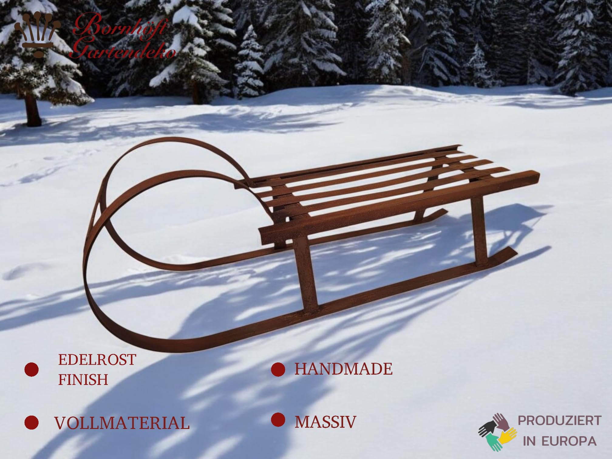 Bornhöft Schlitten 80cm Metall Rost Gartendeko Edelrost rostige Gartendekoration Weihnachten rostige Deko Winter Dekoration