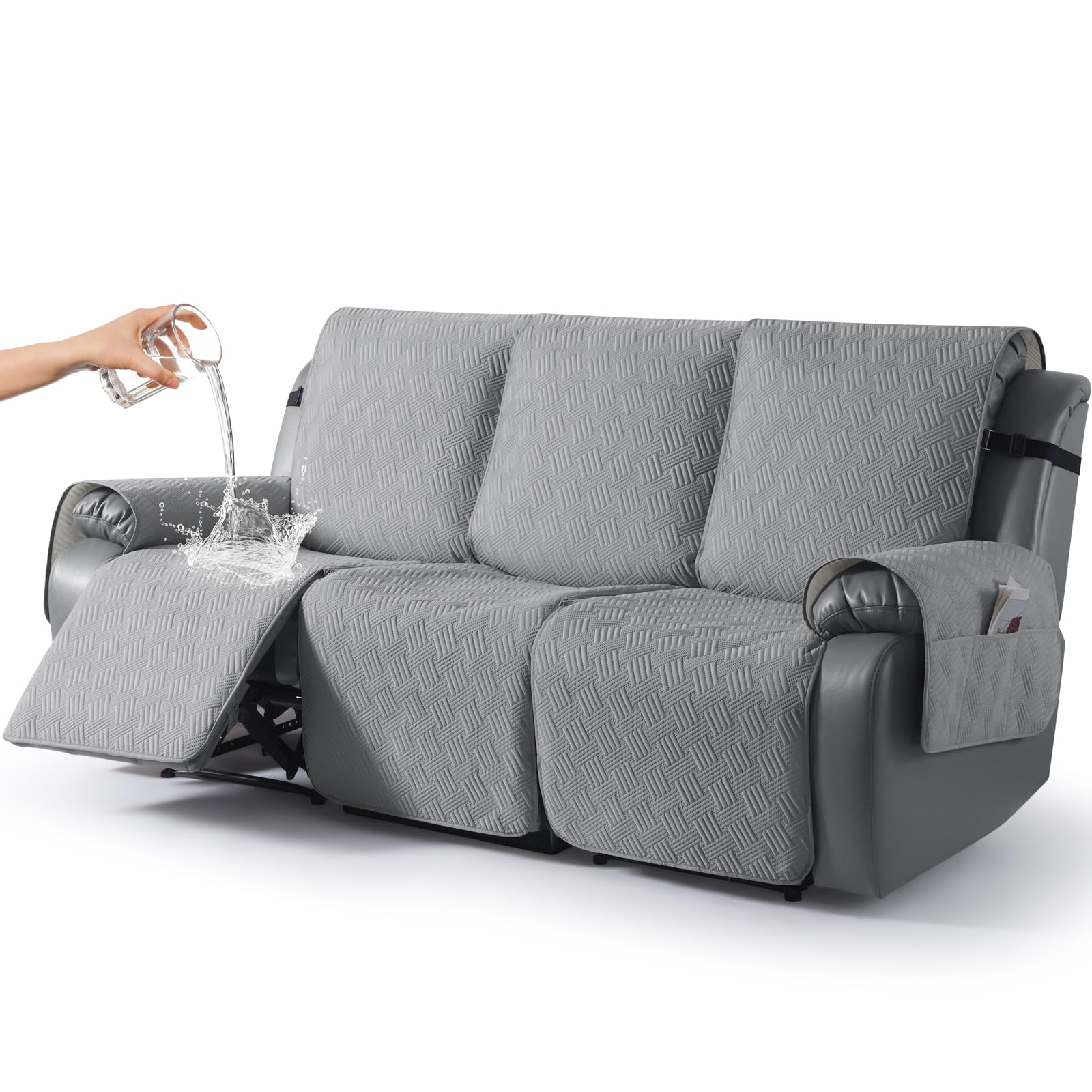 KinCam Funda Sillon Relax reclinable, Impermeable Funda para Sillón Relax con Bolsillo Laterales y Correas elásticas para Perros y Mascotas, Suave y Lavable Funda Sofa 3 plazas Gris Claro