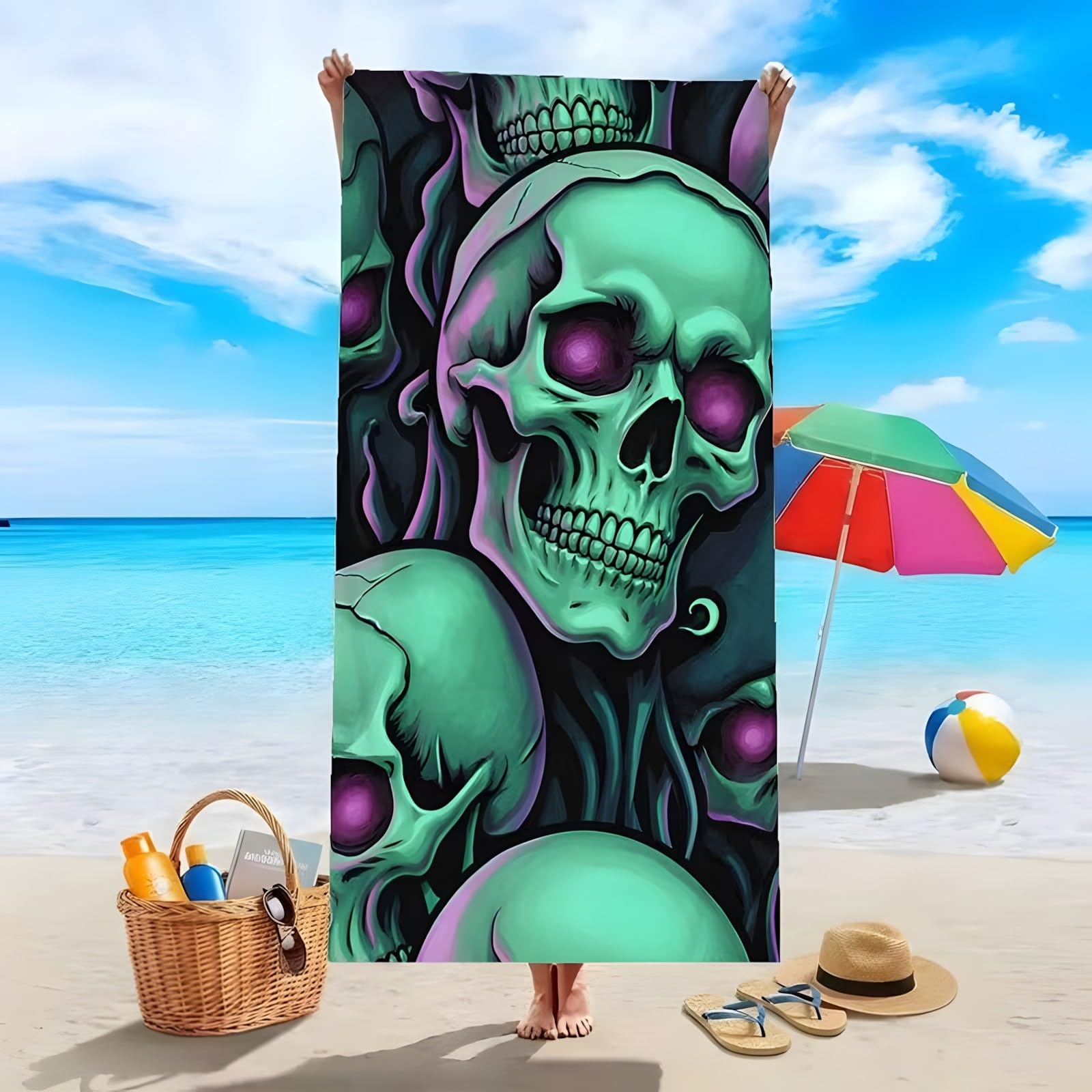 YZQGLHP Gothic Microfibre Beach Towel Skull Beach Bath Towel Quick Drying, Lightweight, Sand-Free, Durable, for Pool, Gym, Camping, Travel Towel 80x180cm