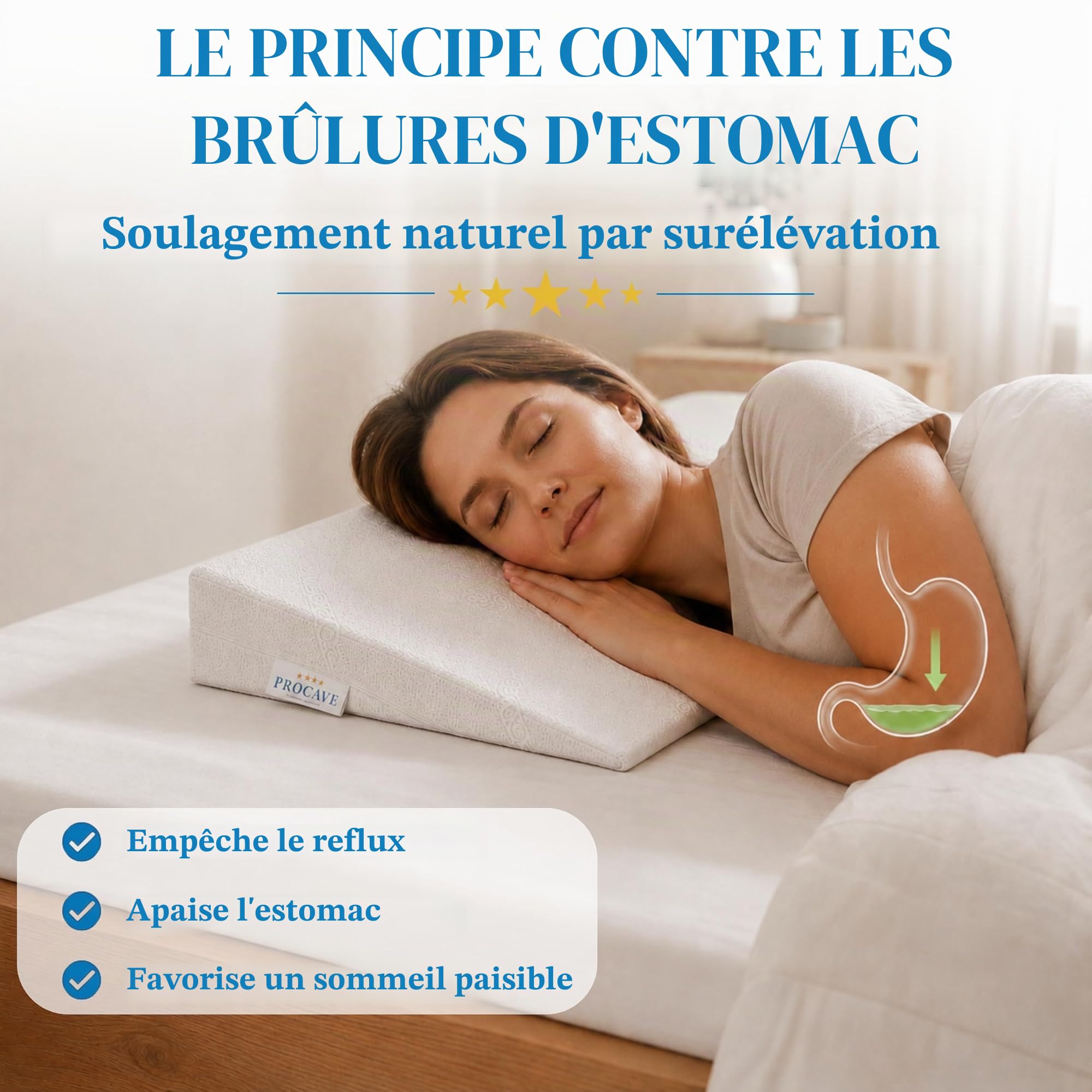 PROCAVE Cale de lit | Coussin en Mousse en Forme de cale | Réhausseur de Matelas Respirant | Fabriqué en Allemagne | Housse Double en Tissu Aloevera | 140 cm x 45 cm x 15/1 cm