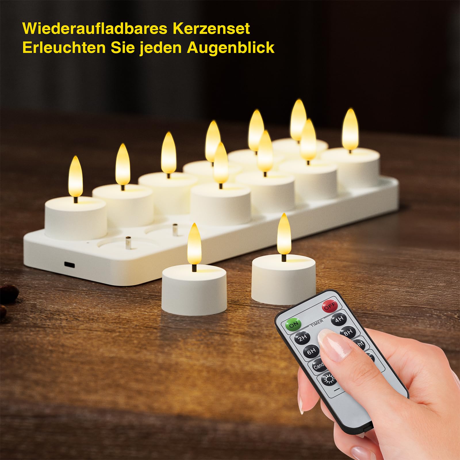Set di 12 lumini a LED ricaricabili senza fiamma con stazione di ricarica, con telecomando e timer per matrimoni, Natale, Halloween, anniversari e decorazioni per la casa
