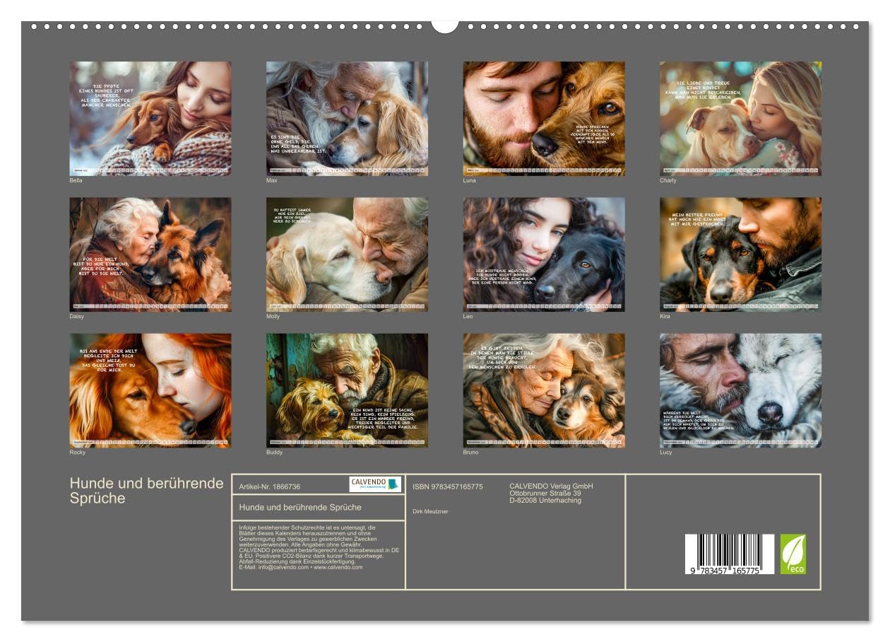 Cani e frasi toccanti (calendario da parete di alta qualità 2025 DIN A2 quer), stampa artistica lucida