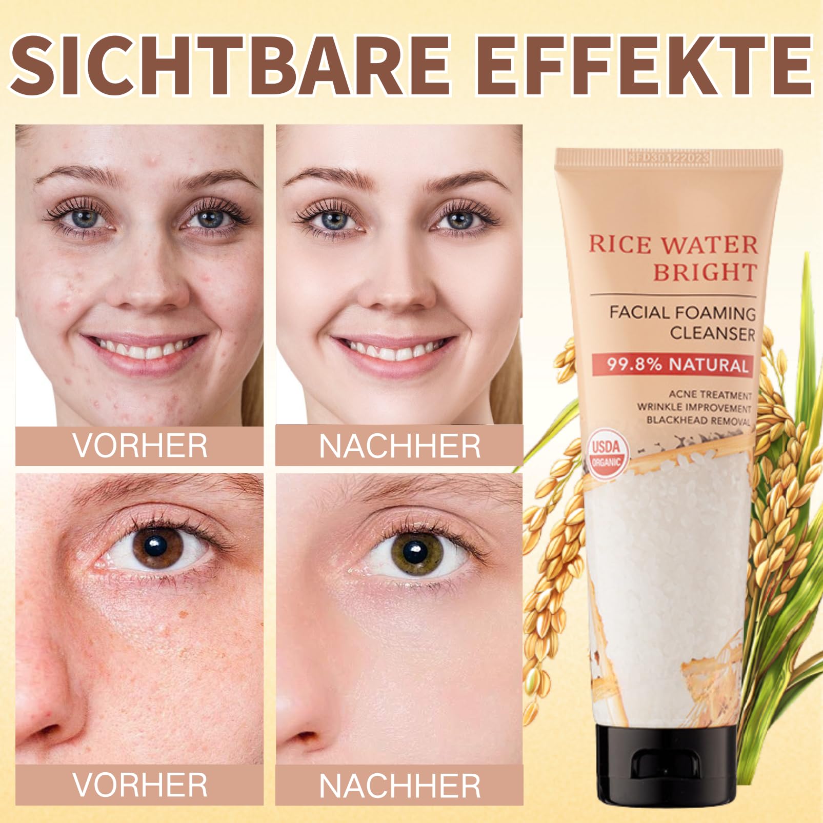 Rice Water Face Wash – Pulizia del viso con riso – Schiuma detergente viso – Detergente in schiuma naturale – Pulitore viso idratante – Pulizia profonda dei pori