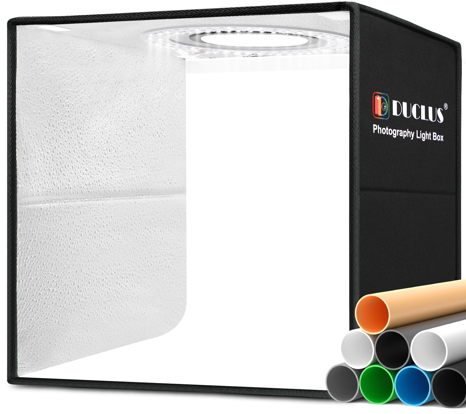 DUCLUS Set Fotografico 40 x 40 cm la Light box Rinnovata da 18W, Kit Scatola Foto Potenziato con 160 LED a 5500K e Connessione Type C, 8 Sfondi Fotografici per la Fotografia di Prodotto