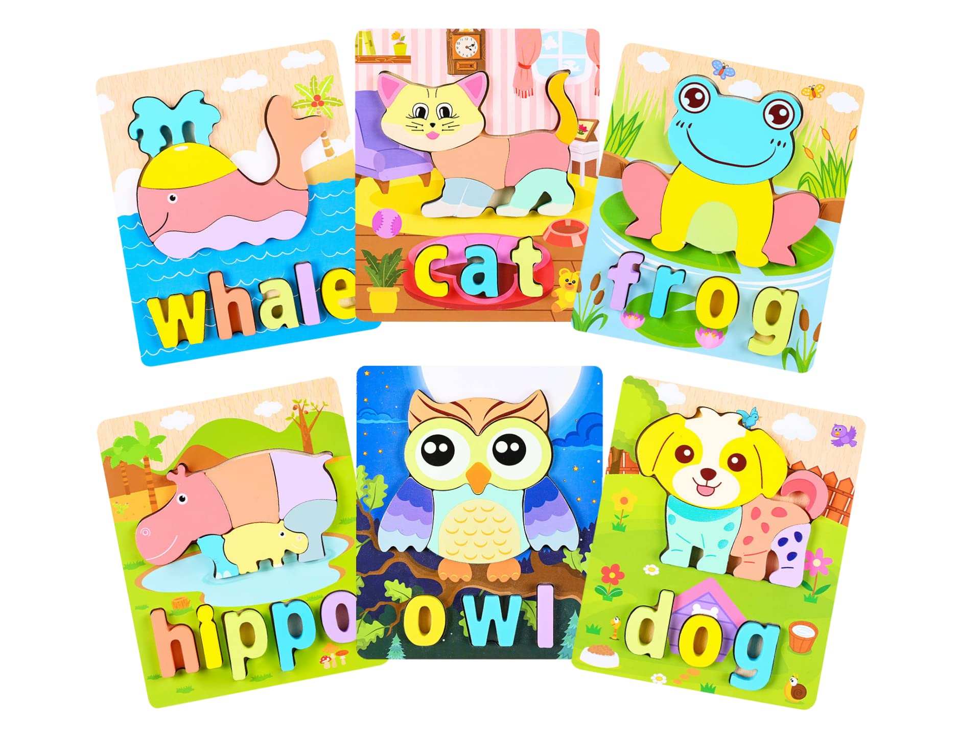 Wooden Puzzles for Toddlers 6-Pack - Animal Edition Puzzles for 3 Year Old & Up - Kids Wooden Puzzles with Letters - Educational Kids Puzzles