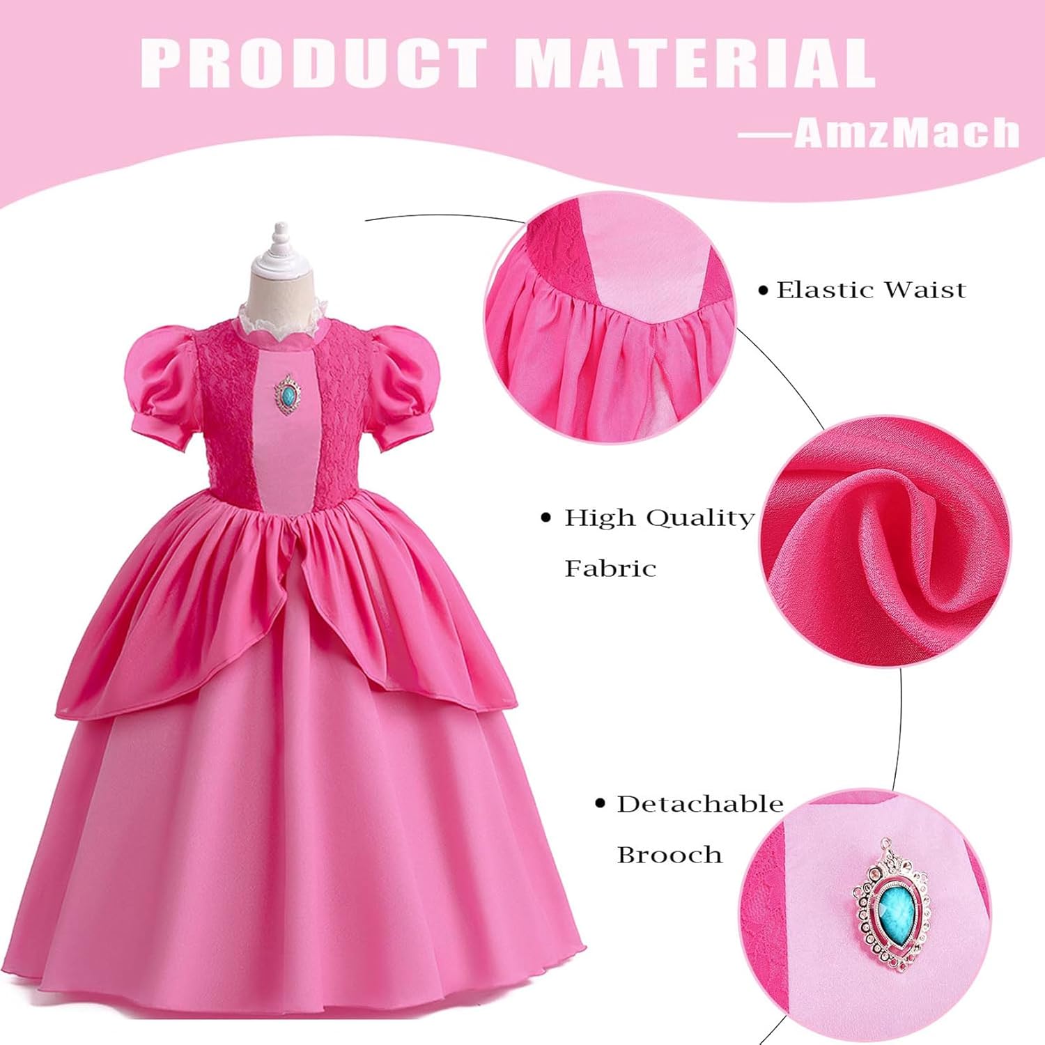 AmzMach Princess Peach Costume for Girls Classic Pink Dress Cosplay Halloween Party Dress Up Kids Birthday Outfit 3-12 Years - Image 6