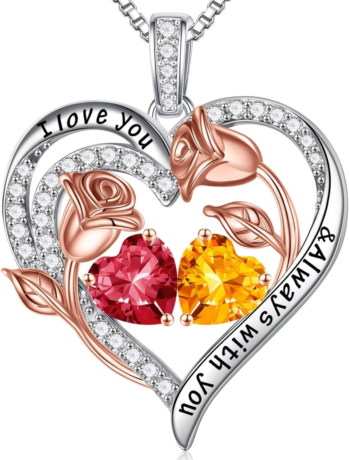 Iefil Rose Heart Necklace for Women - 925 Sterling Silver Rose Heart Birthstone Necklace Birthday Anniversary Jewelry Gifts for Her Wife Mom Daughter