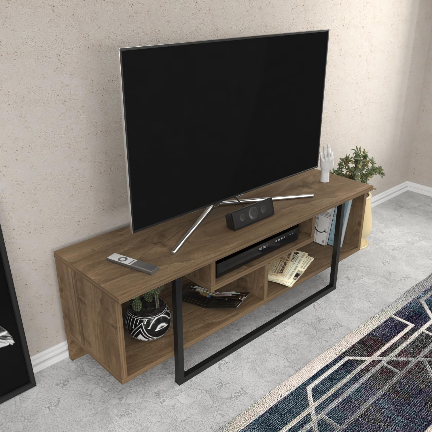 DECOROTIKA Asal Meuble TV Moderne 120 cm avec Rangement – Support TV Design pour téléviseurs jusqu'à 55'' – Noyer et Noir