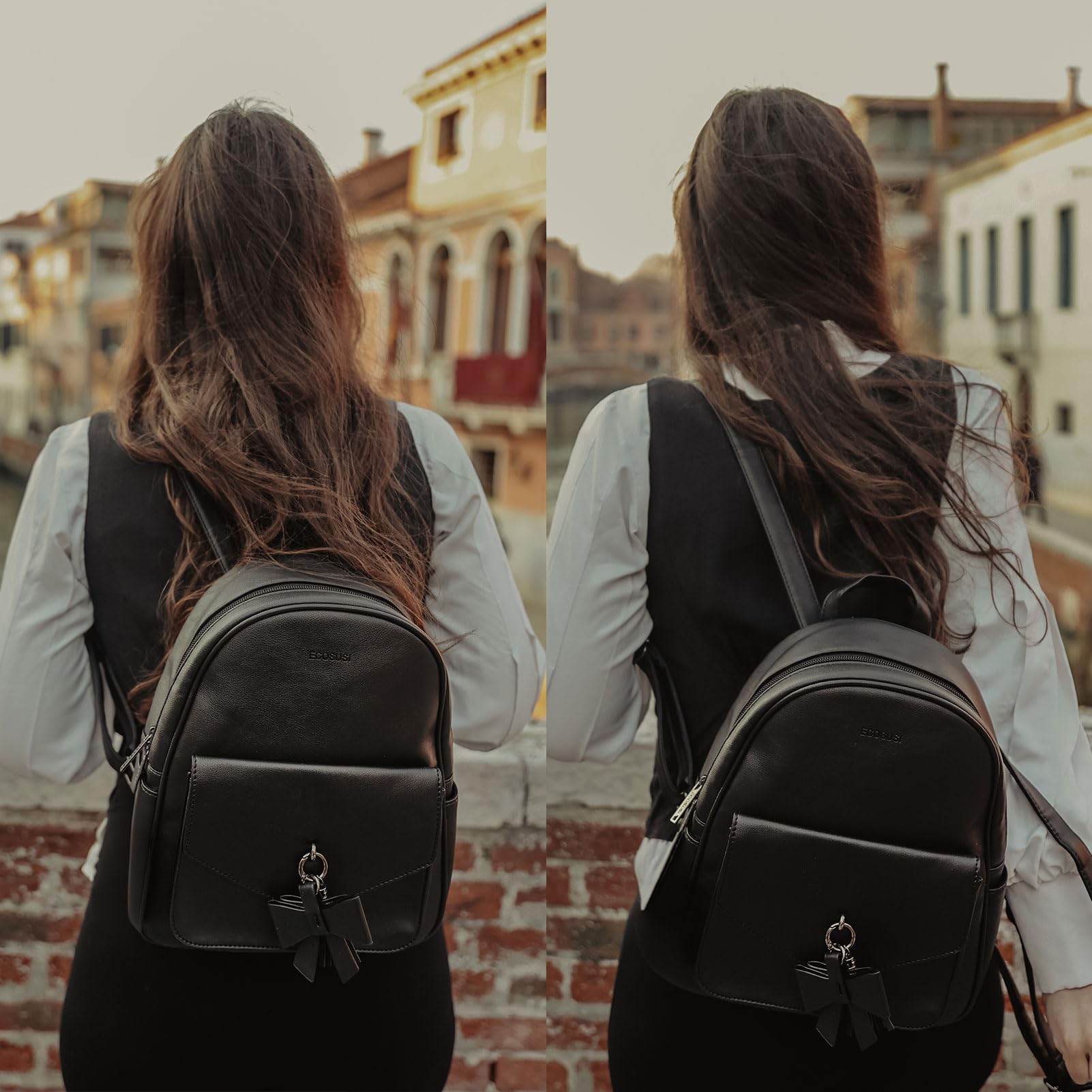 ECOSUSI Women Backpack Purse Water Resistant PU Leather Backpack Fashion Rucksack Ladies College Daypack with Tassel,2 Pcs