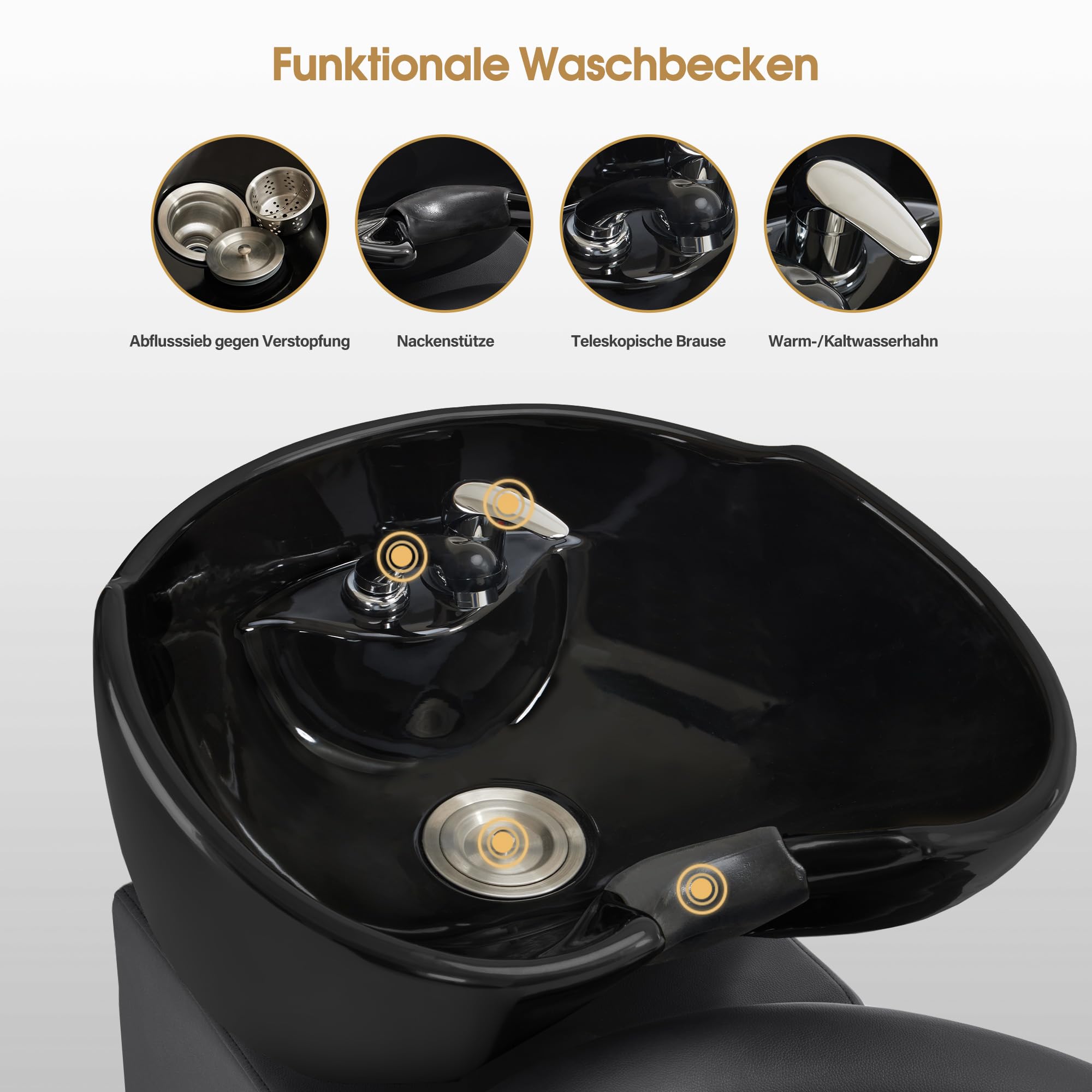 Barberpub Friseurstuhl mit Waschbecken, Friseurwaschbecken aus Keramik Verstellbar, Rückwärtswaschsessel mit Fußhocker, Friseurwaschsessel für SPA Salon, Waschplatz Retro 8037 (Gold-Schwarz/PVC)