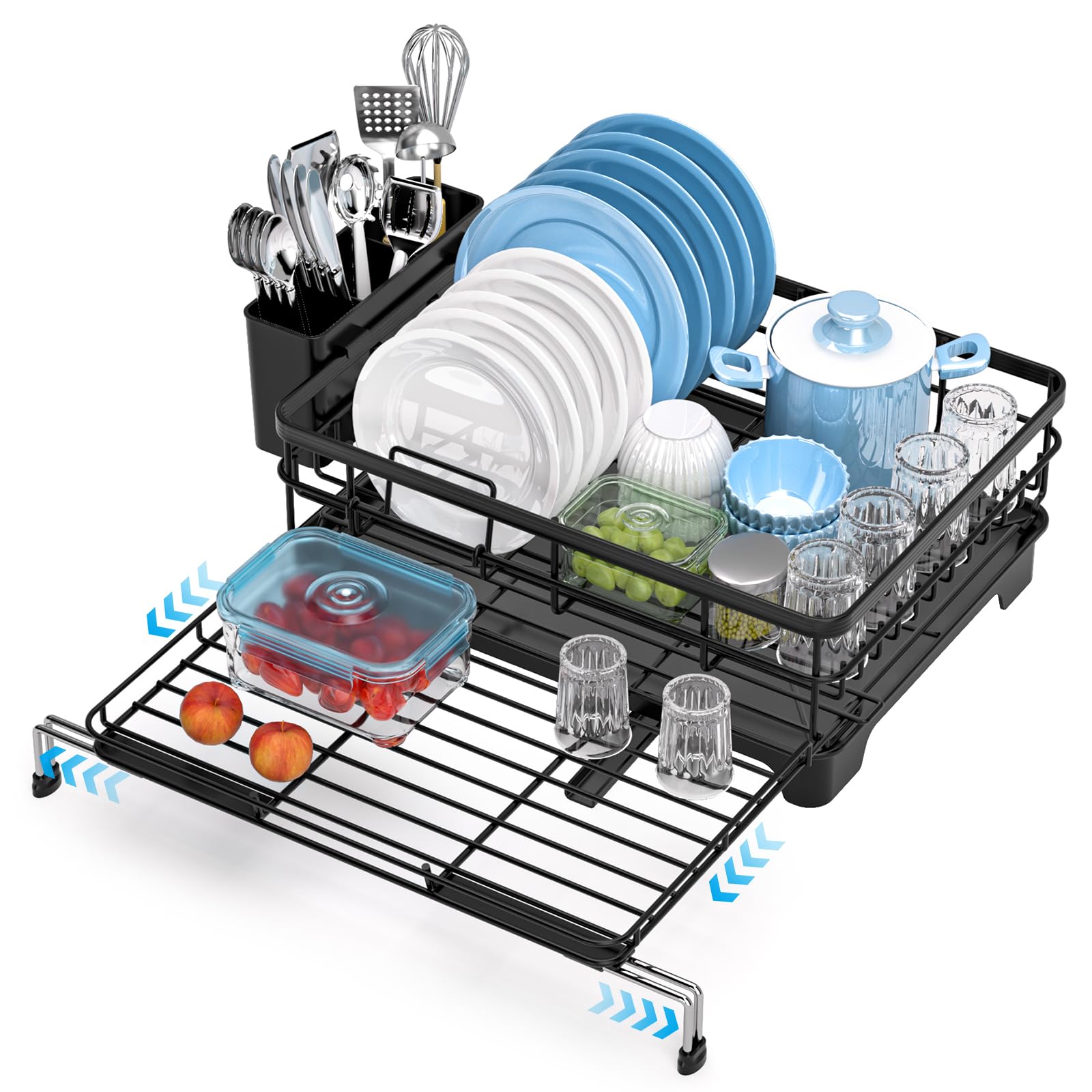 Expandable Dish Drying Rack with Utensil Holder and Drip Tray, Kitchen Counter Drying Rack with Swivel Drainage Spout, Drainer on Sink, Black