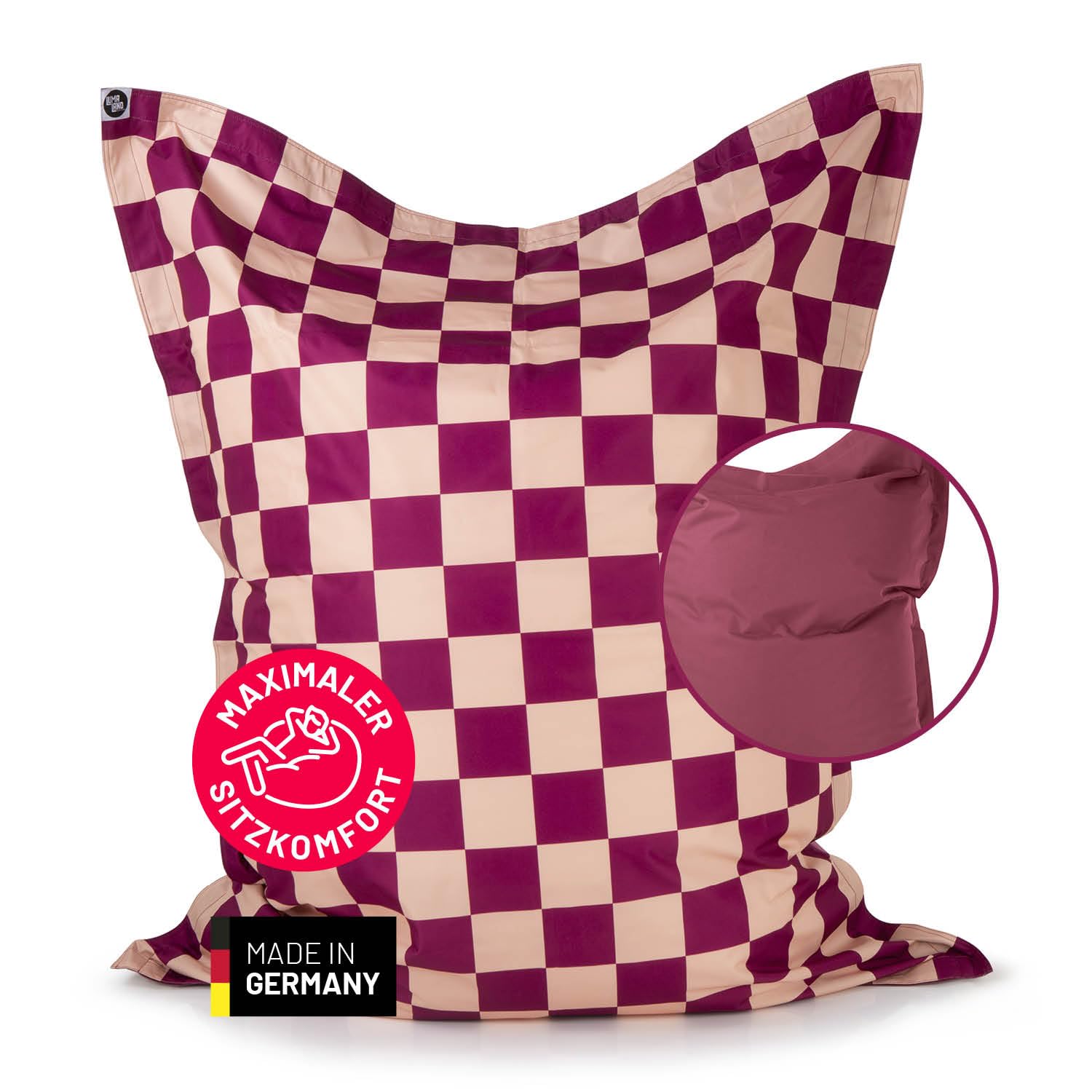 Lumaland Sitzsack XXL Karo für Erwachsene & Kinder | Bean Bag mit Karomuster – Outdoor & Indoor | 380 L Riesen Sitzsack mit Füllung, EPS-Perlen | wasserfest, abwischbar 140x180 cm