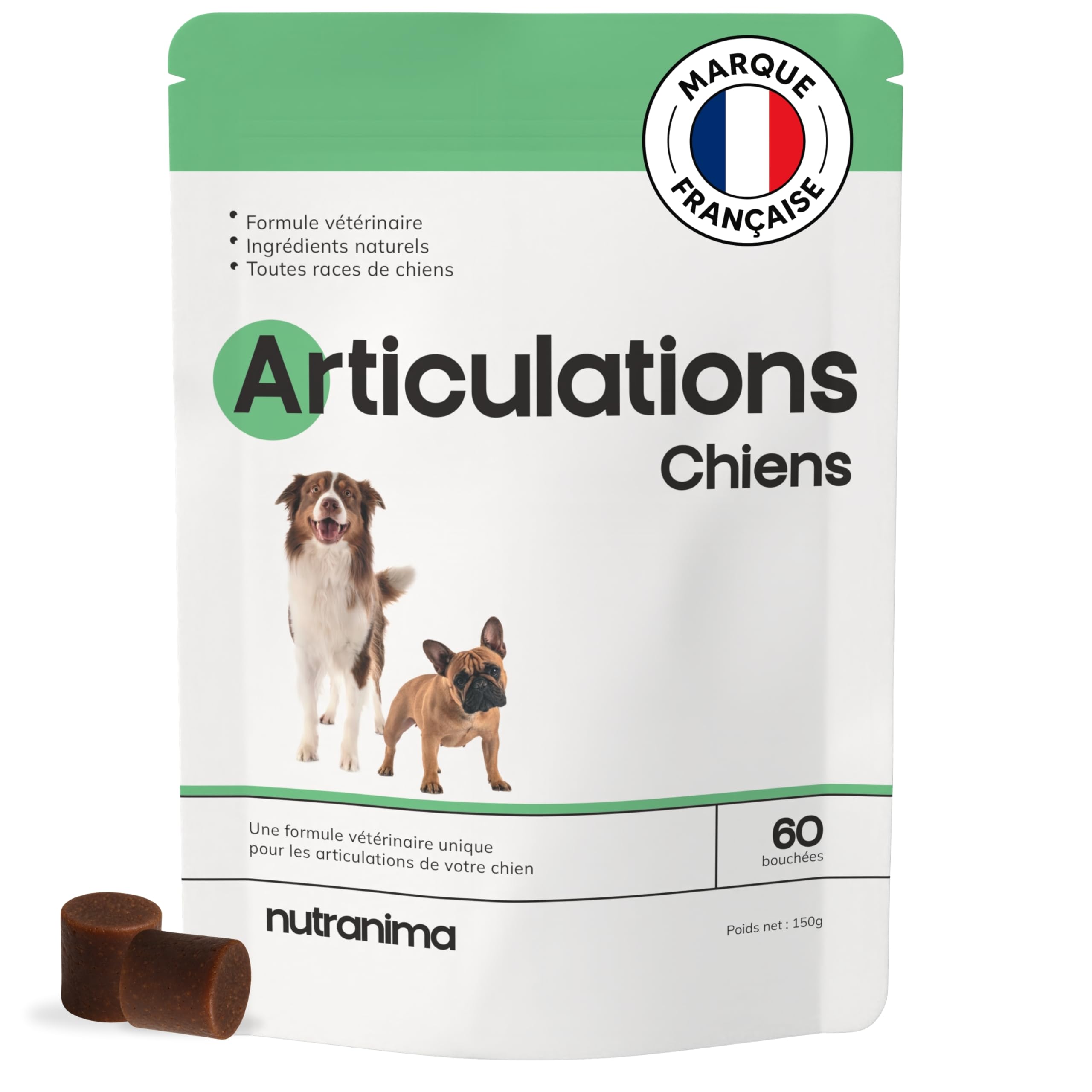 Articulations Chien | Complément Mobilité & Arthrose | 60 Friandises Naturelles | Anti-inflammatoire, Collagène | Chiot, Tous âges & Races | Formule Vétérinaire - Marque Française