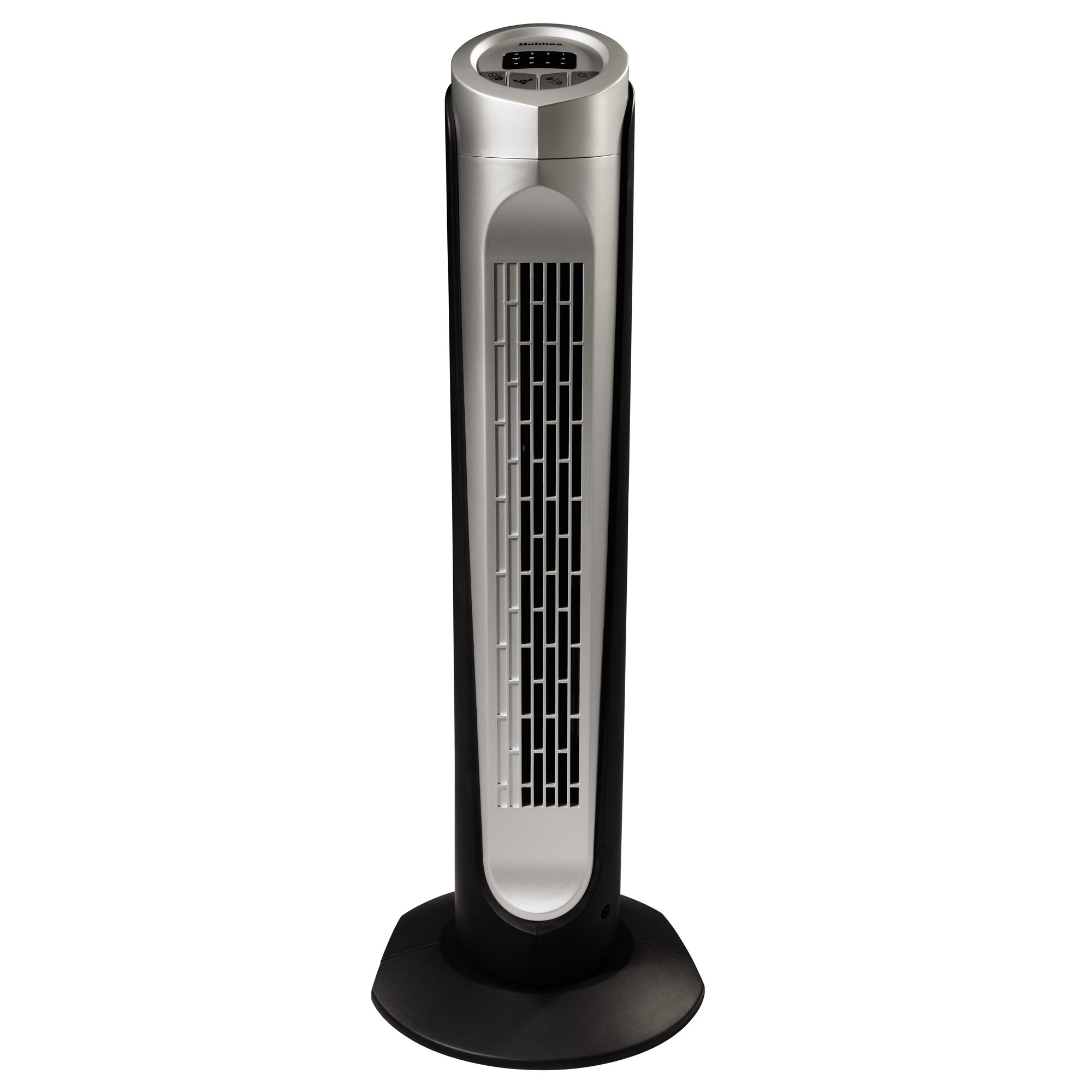 Holmes HTF3222A-STM 32-inch Tower Fan, black, with a slim design and control panel on top.