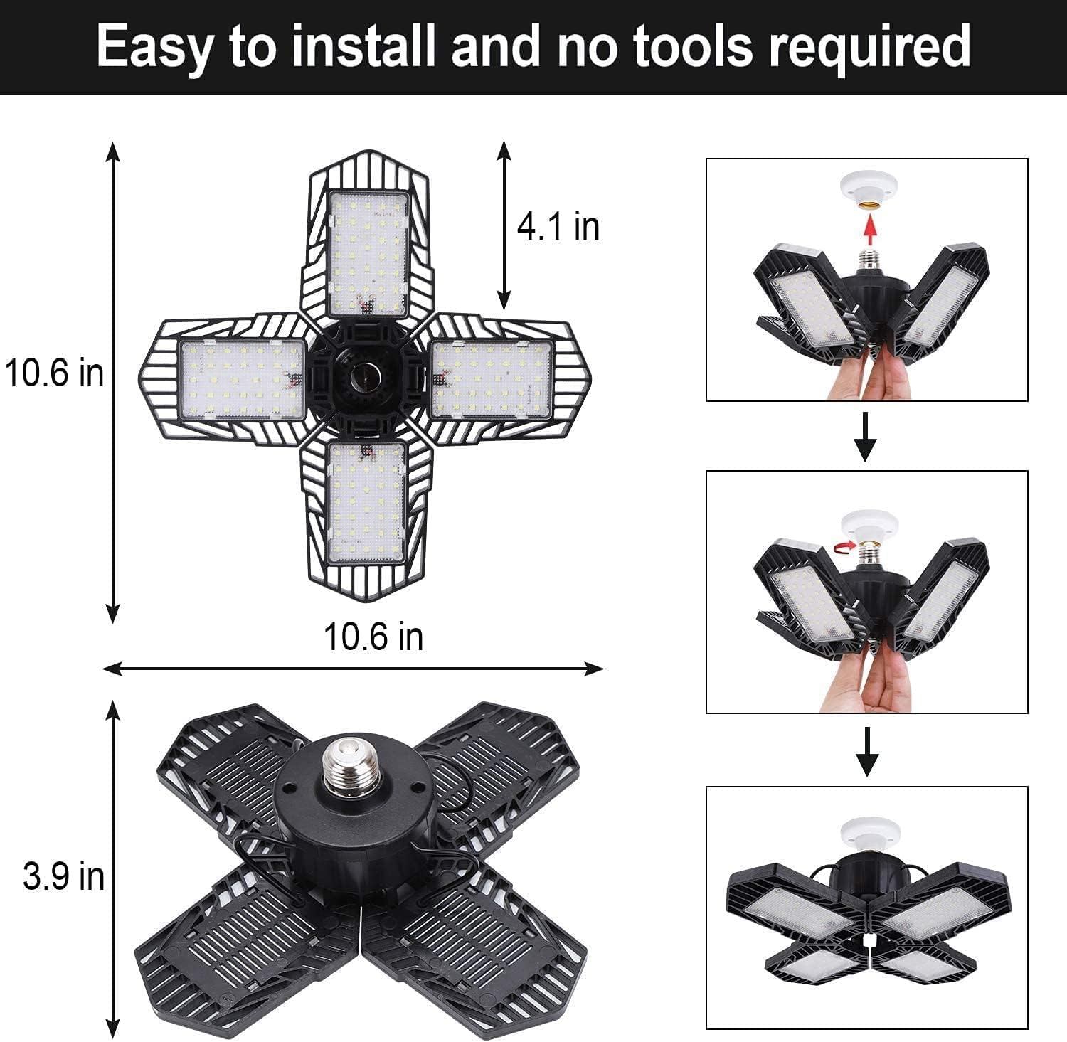 4Pack LED Garage Lights 100W Deformable LED Lighting 10000LM E26 Daylight 6000K Super Bright Adjustable Lights for Warehouse — view 5