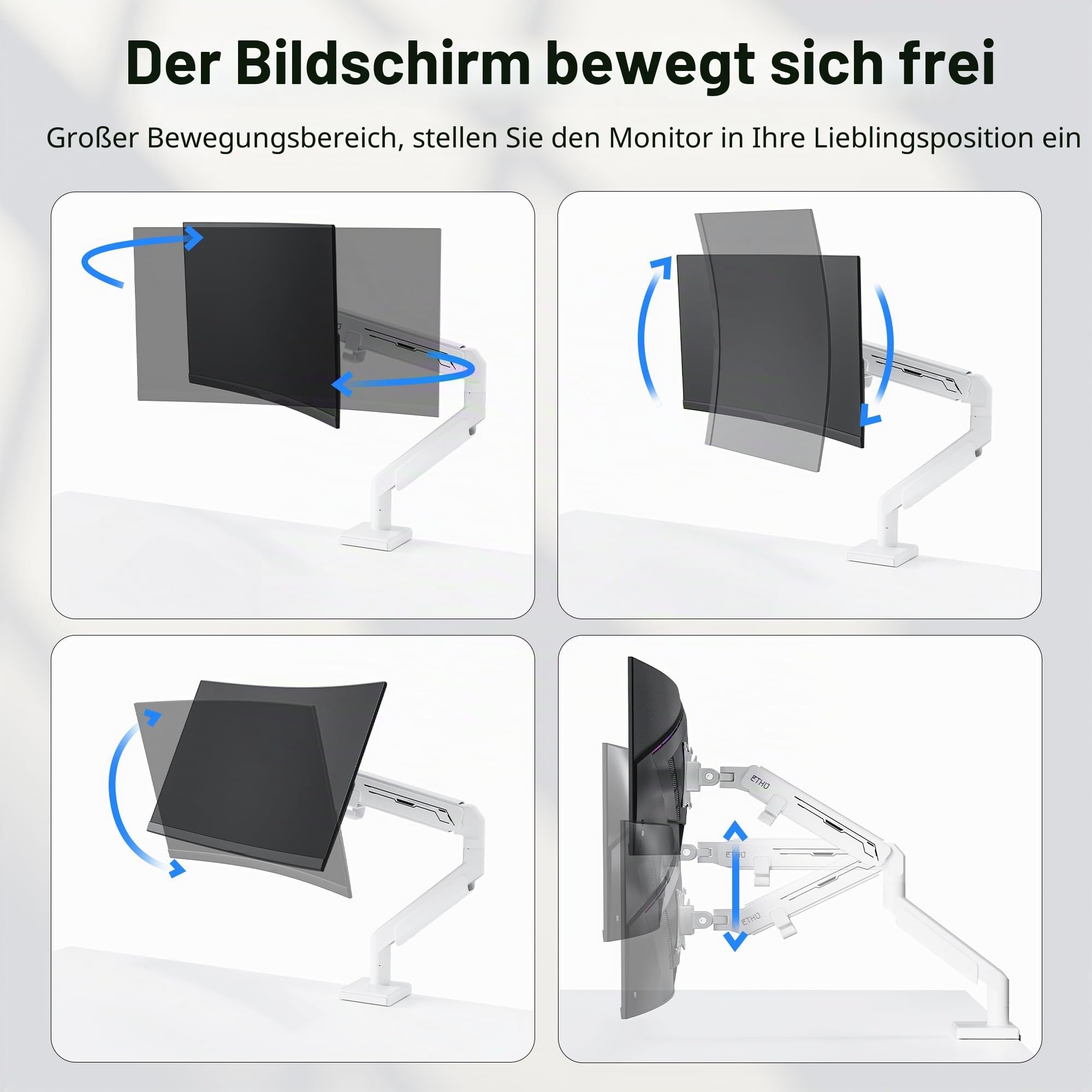 ETHU Heavy-Duty Dual Monitor Arm 14 kg, Monitor Halterung 2 Monitoremit Gasdruckfeder für 17-40 Zoll, Voll Verstellbare Bildschirmhalterung mit Ergonomischem Design, VESA-Schreibtischständer, Weiß