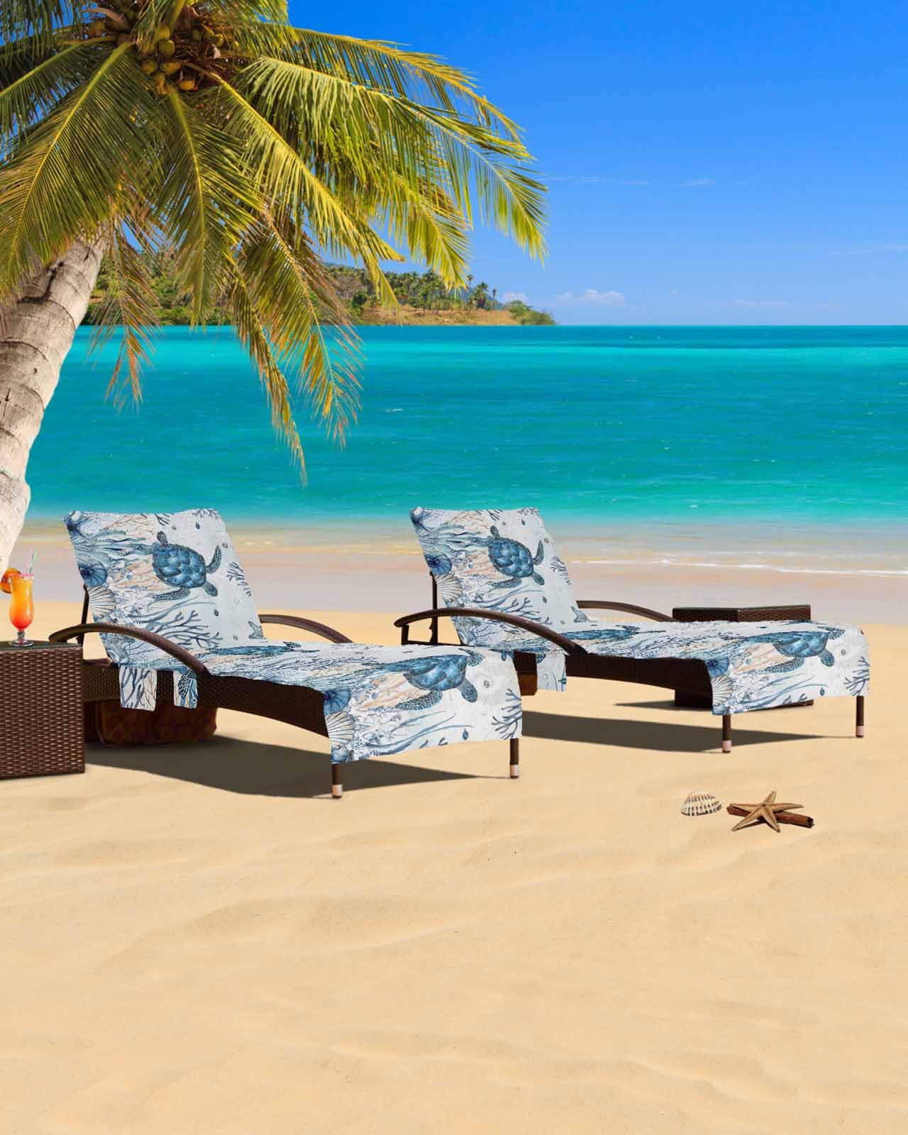 Coastal Nautical Turtle Beach Chair Cover with Side Pockets,Microfiber & Quick Dry Pool Chaise Lounge Chair Towels Covers for Sun Sunbathing Patio Garden Hotel,Blue Ocean Fish Seashell Coral Starfish