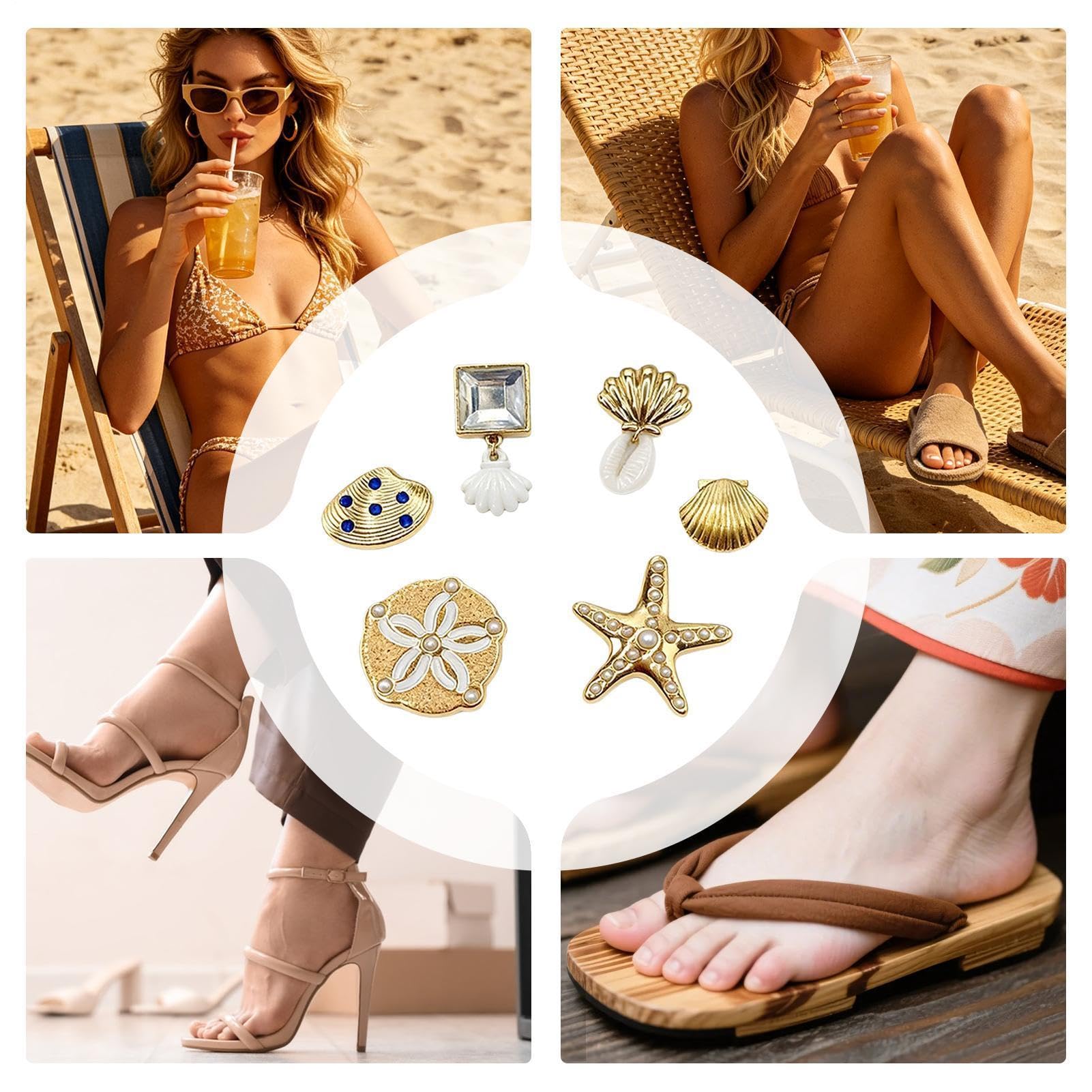 Hausschuhe Charms Sandalen – 6 Stück Gold Meer Thema Muschel Schuhdekor | Schuh-Meer-Charms, Dekorative Sandalen-Accessoires, -Schuhschmuck Für Zuhause, Party, Urlaub, Neujahr, Geburtstag, Stra
