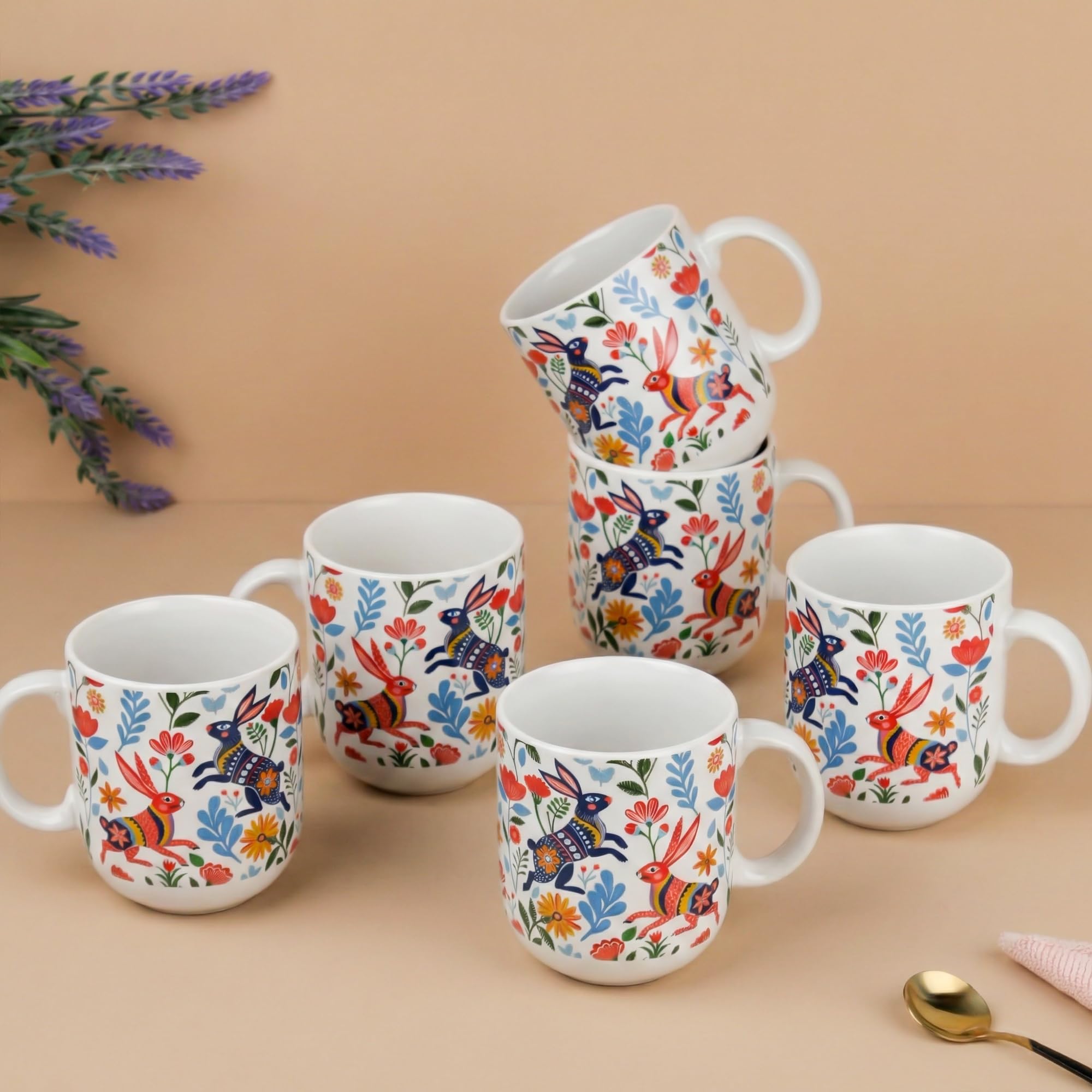 The Earth Store Bunny Floret Coffee Mug – 300ML Ceramic Coffee Mugs Set of 6 | Microwave & Dishwasher Safe Mugs for Gift | Home | Office | Restaurant | Daily Use Tea Mug