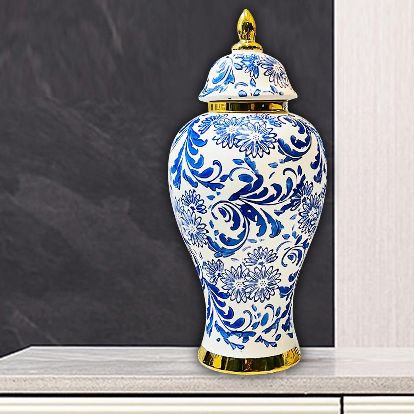 Homyl Ginger Jar Vorratsdose Porzellan Zierobjekt mit Deckel Blumenvase Traditionelles Muster für Teeaufbewahrung Büro Wohnzimmer Geschenk Arbeitszi, M