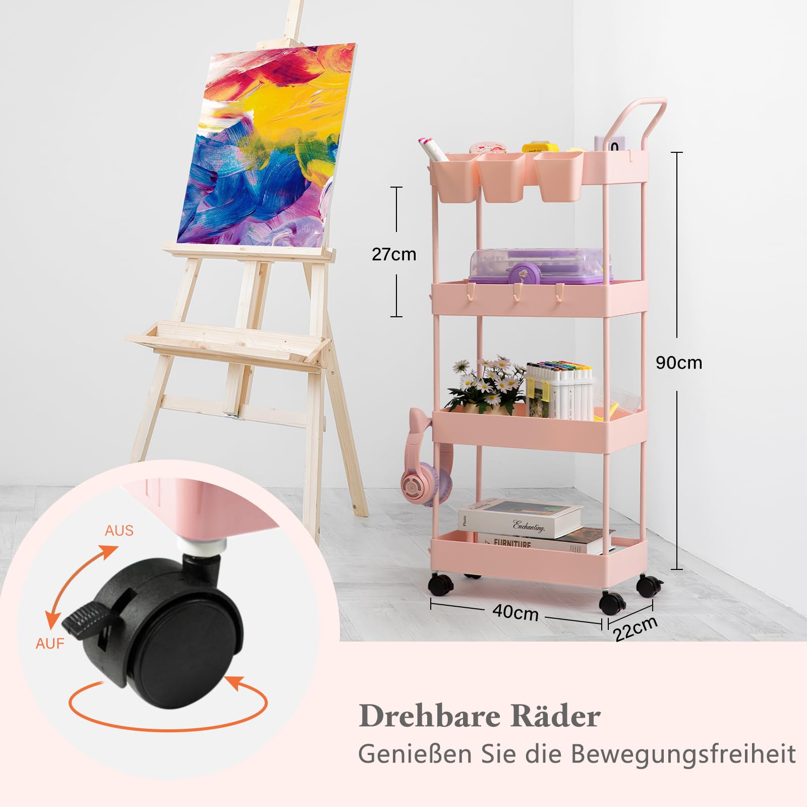 danpinera Chariot de rangement fin, chariot de salle de bain à 4 niveaux – Chariot à linge étroit avec roulettes, diviseurs, tasses suspendues, crochets, poignée, chariot de maquillage – Étagère de