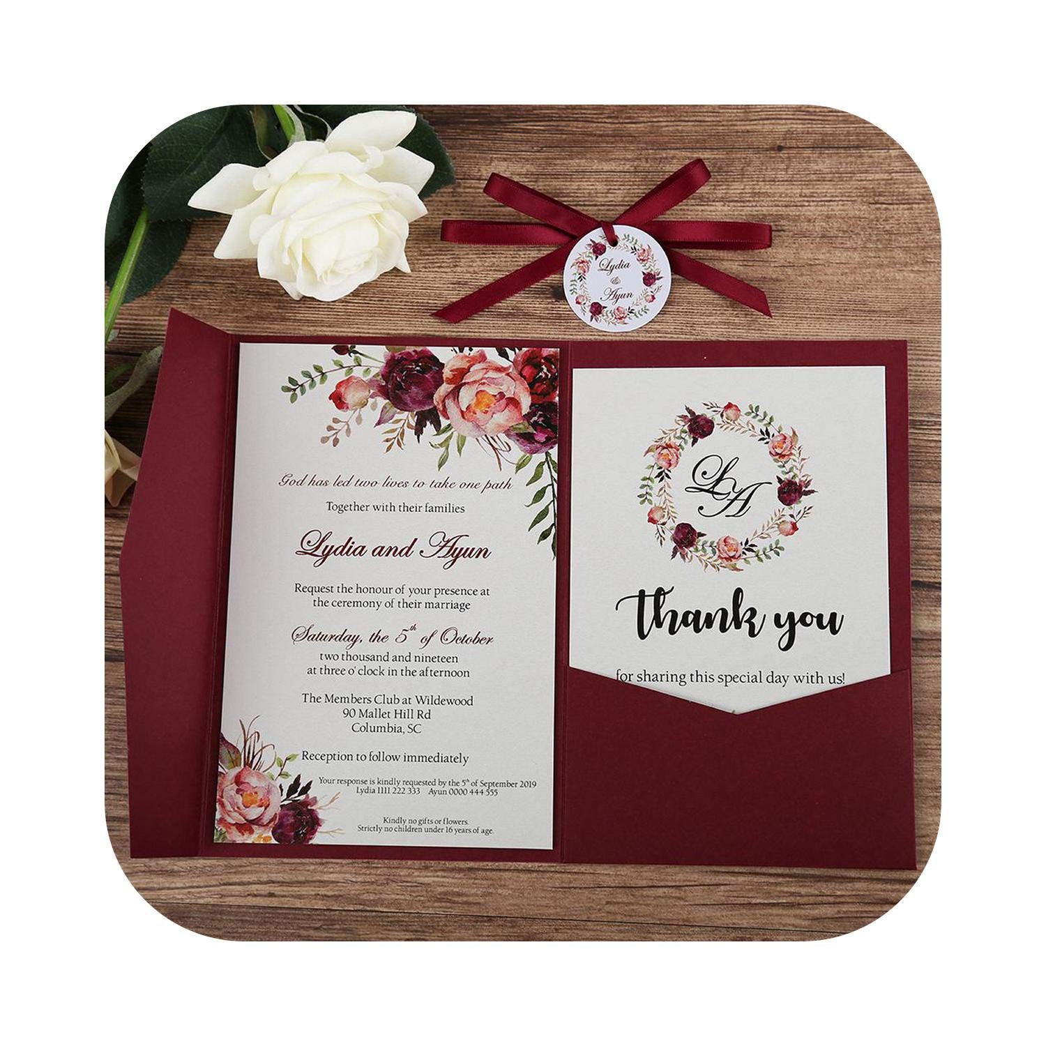 Amazon.com : 100 pieces wedding invitation pink blue pocket greeting card  with envelope custom party with ribbon and label-Burgundy-Blank : Office  Products