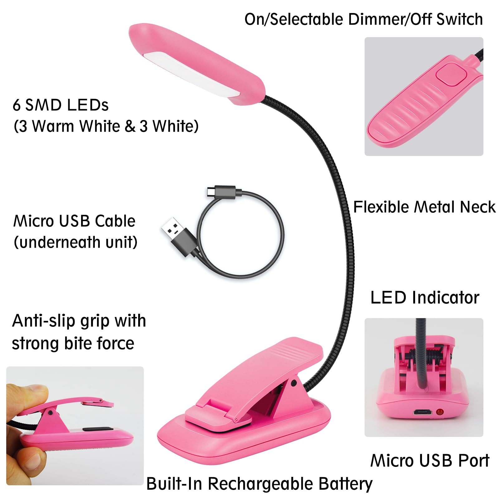 BIGMONAT Rechargeable Book Light For Kids & Adults - 360° Flexible Neck, 3 Color Temperatures, Clip-On Reading Lamp (Rose Red)