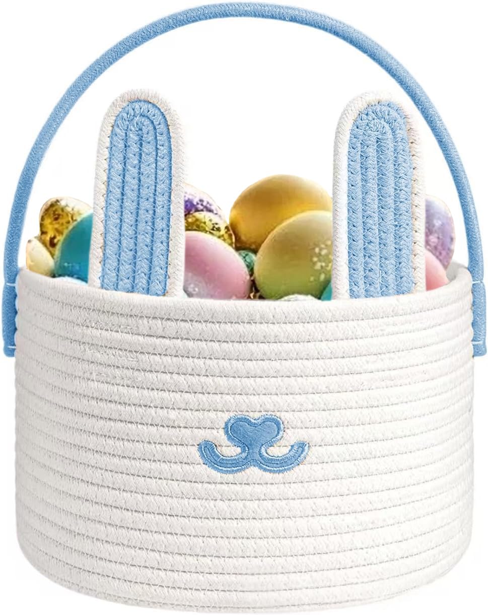 Poschnor Cute Easter Basket, Large Easter Bunny Basket, Woven Cotton Rope Baby Egg Easter Baskets for Girls, Boys, Toddler, Babies, Infant, with Gift Bags and Ribbons, Pink