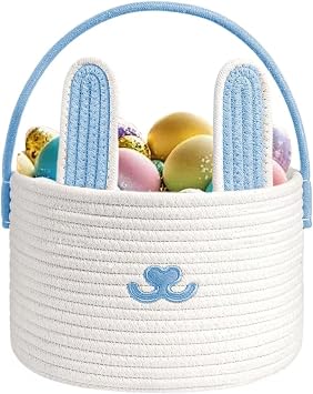 Poschnor Cute Easter Basket, Large Easter Bunny Basket, Woven Cotton Rope Baby Egg Easter Baskets for Girls, Boys, Toddler, Babies, Infant, with Gift Bags and Ribbons, Blue