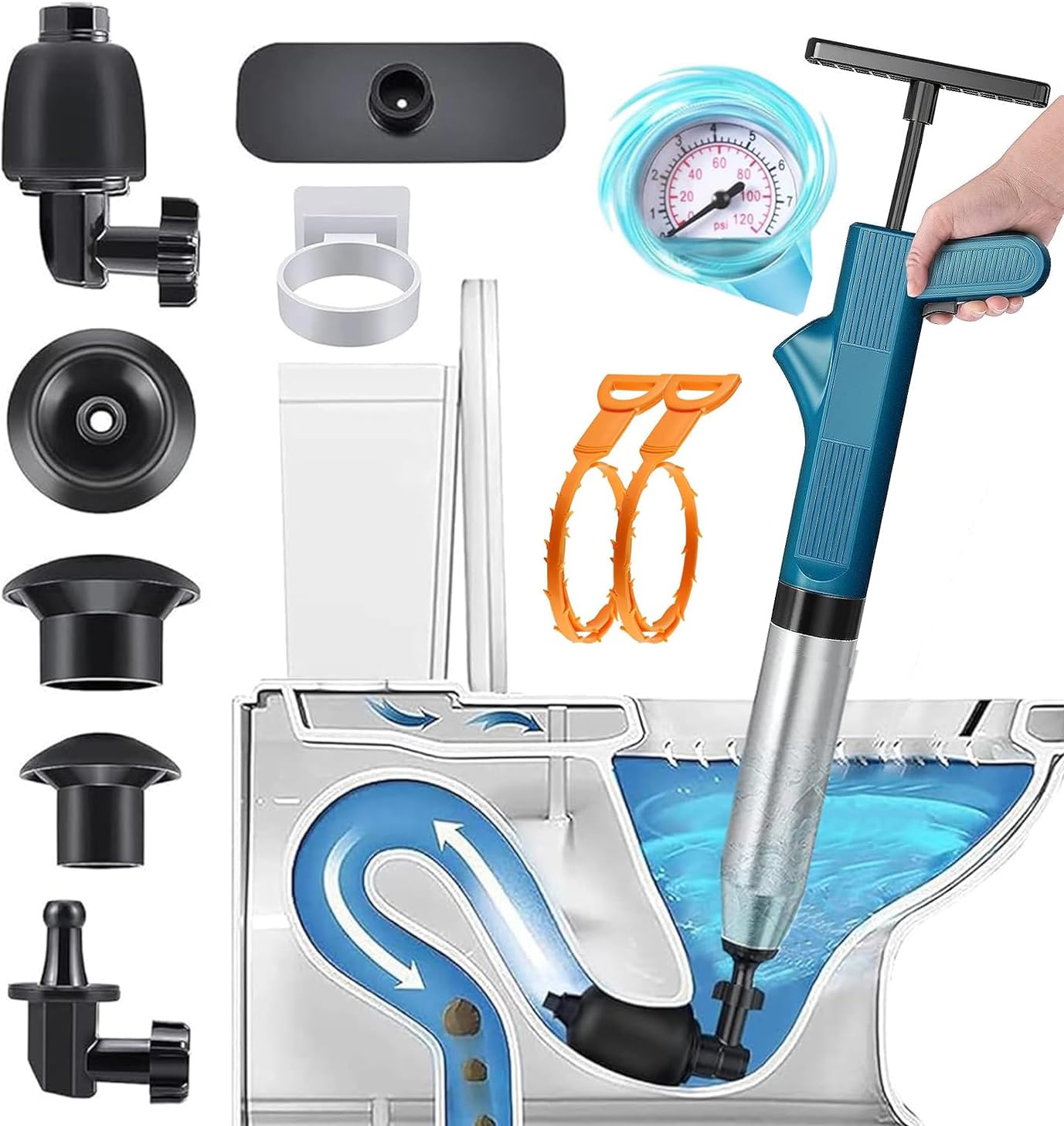 Stura wc,stura water,pompa stura scarichi wc a pressione, pistola stura wc, stantuffo per WC,stura lavandini e scarichi,sblocco lavandino da cucina e bagni/bidet (blu)