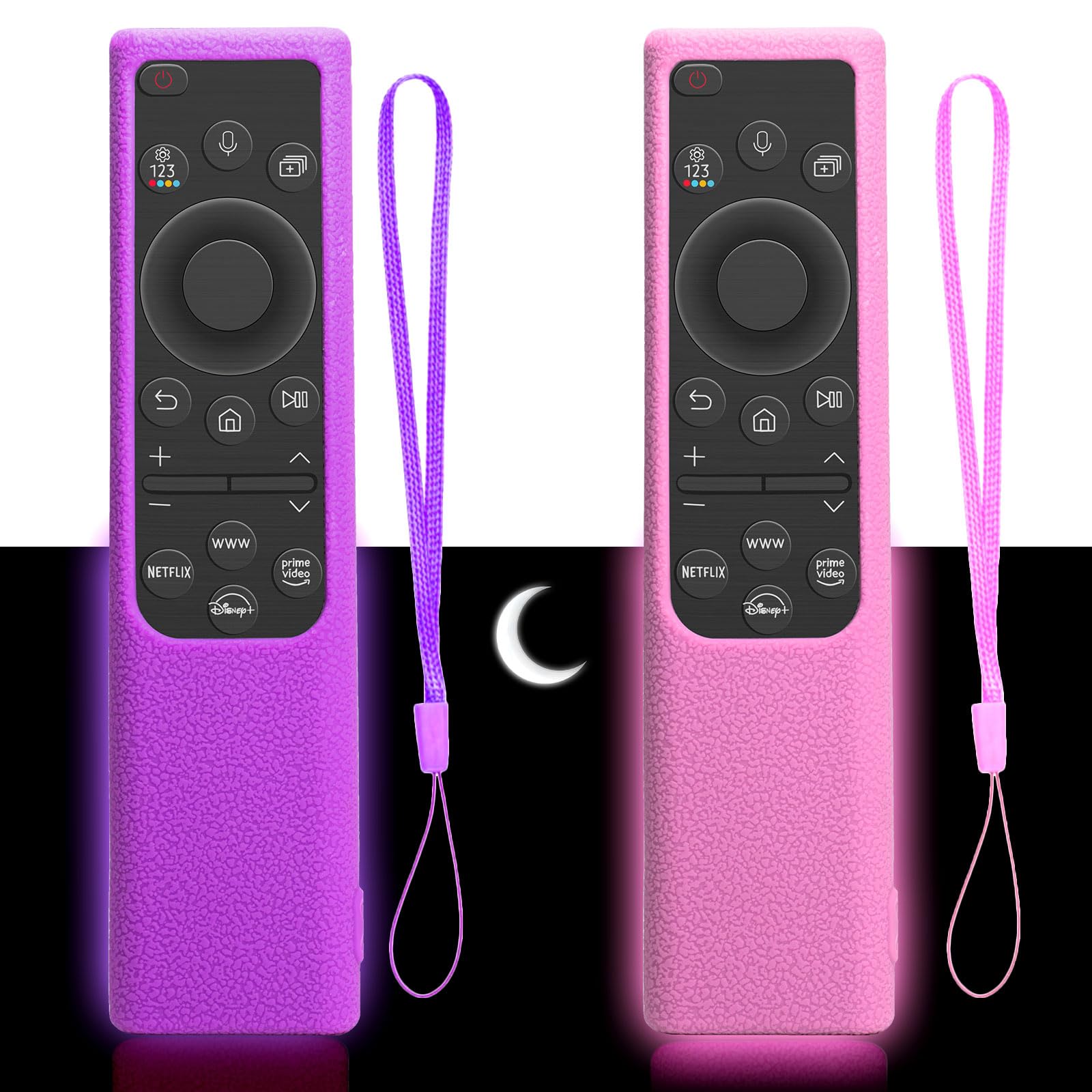 2er Set Silikon Schutzhülle für Samsung Fernbedienung BN59-01357/BN59-01385/BN59-01388A/01388H/01388L/BN59-01393C rutschfeste Fernbedienungshülle mit Nachtleuchtfunktion (Rosa+Lila)