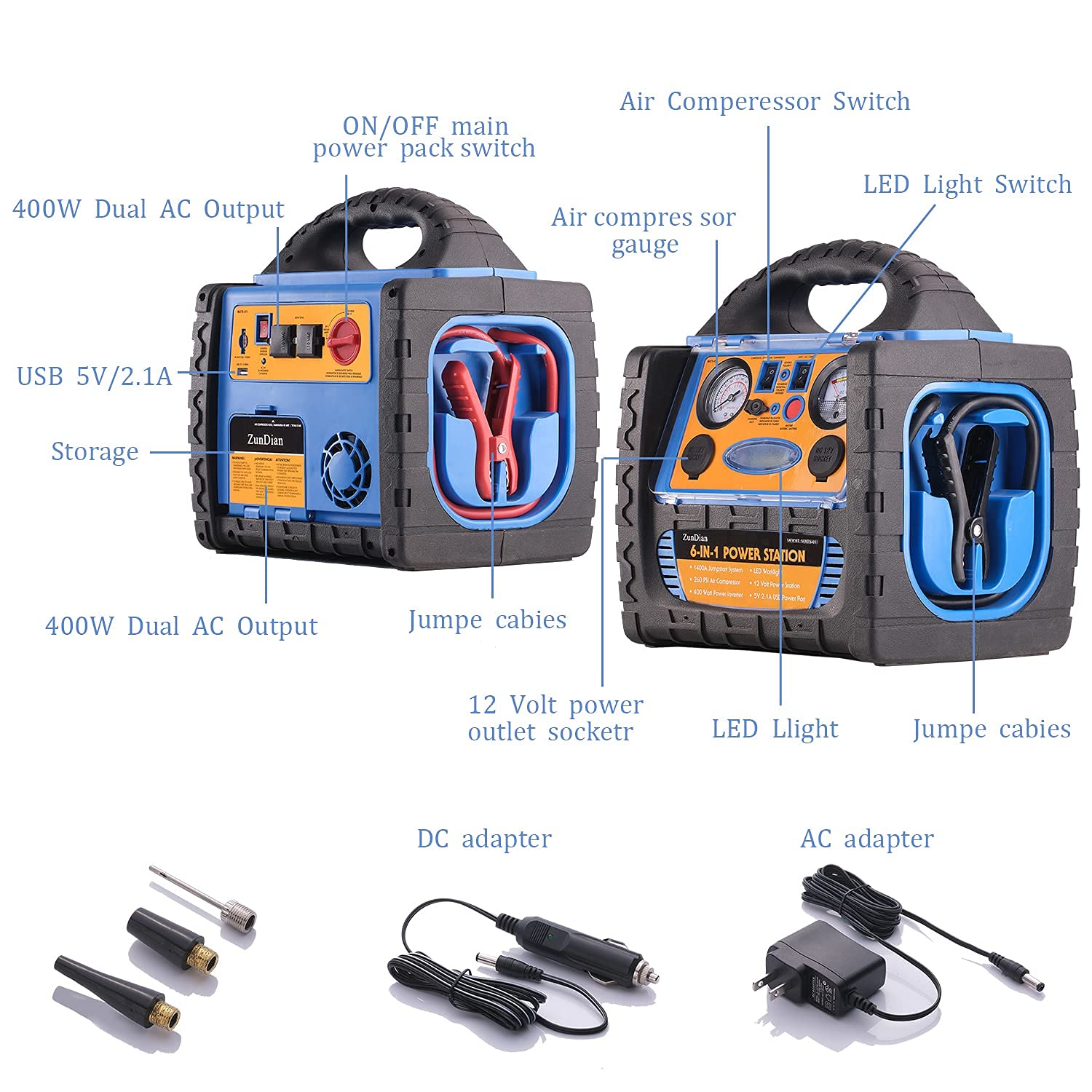 Buy ZunDian 1400 Amp Battery Jump Starter with Air Compressor Car Tire