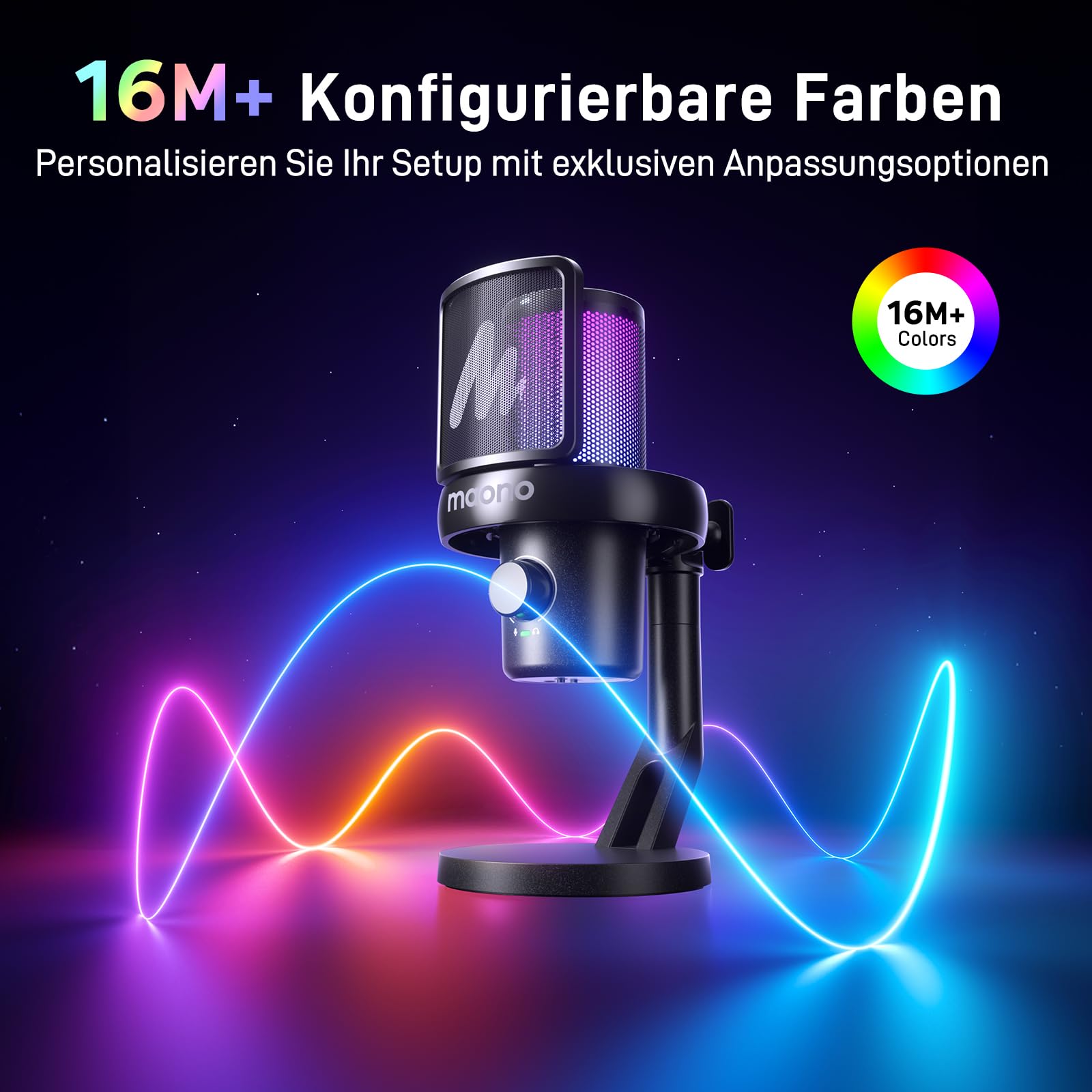 MAONO Mikrofon Kabellos für PC, Mikrofon PC mit Software-KI-Stimmänderung, 3-stufiger Rauschunterdrückung, Benutzerdefiniertem RGB-Licht, Stumm, für Gaming, Podcasting, Streaming, DM40 Pro Schwarz