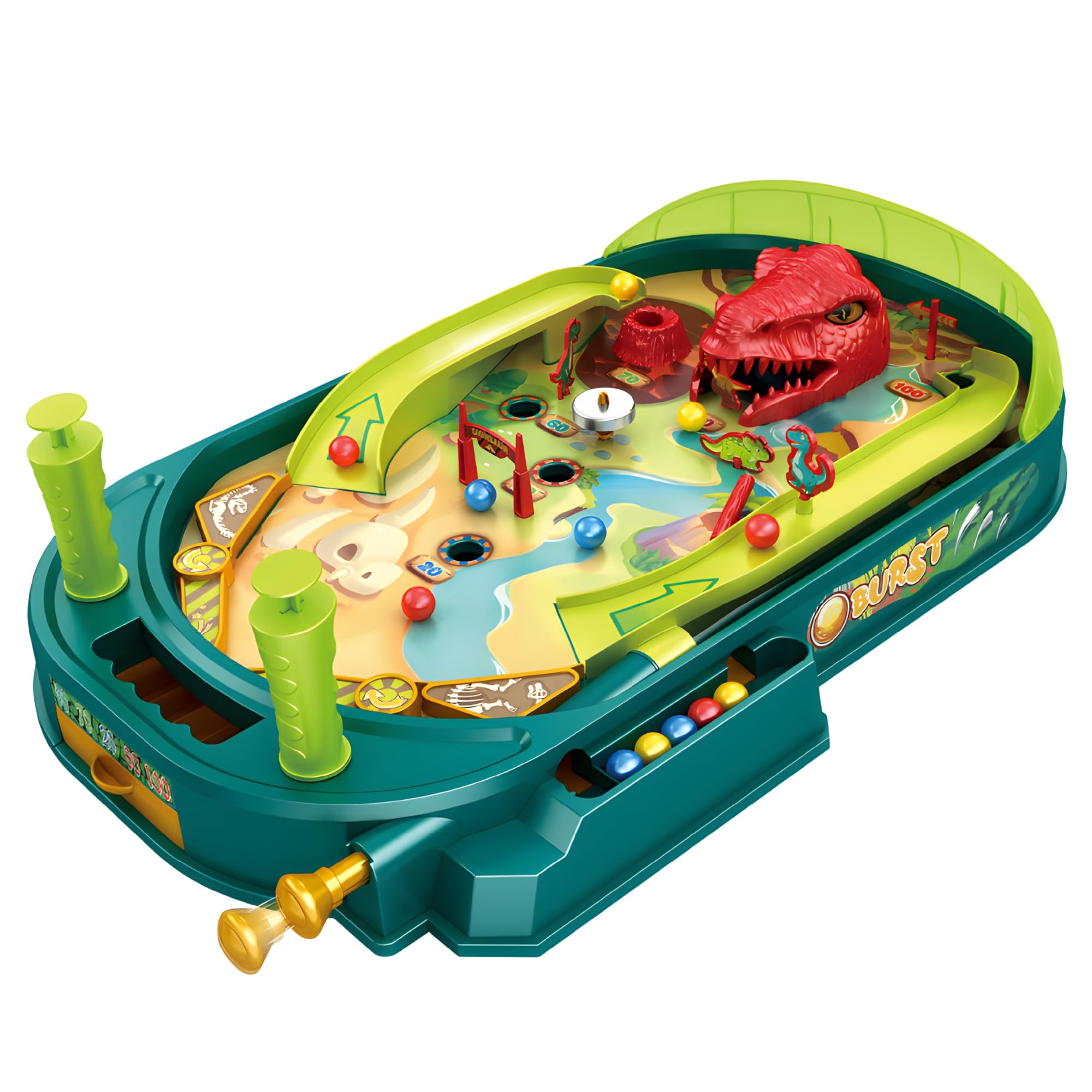 OLEOCA Dino Pinball Machine — Tabletop Arcade Game with Obstacles, Pull-Rod Launcher, Flippers, Dinosaur Targets & Scoring Zones, 1-2 Player Mini