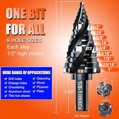 Miniatura 7 de Broca escalonada de cuatro espirales para metal, cobalto M35, juego de brocas escalonadas Unibit de 18 a 1 pulgada (9 tamaños), resistente al