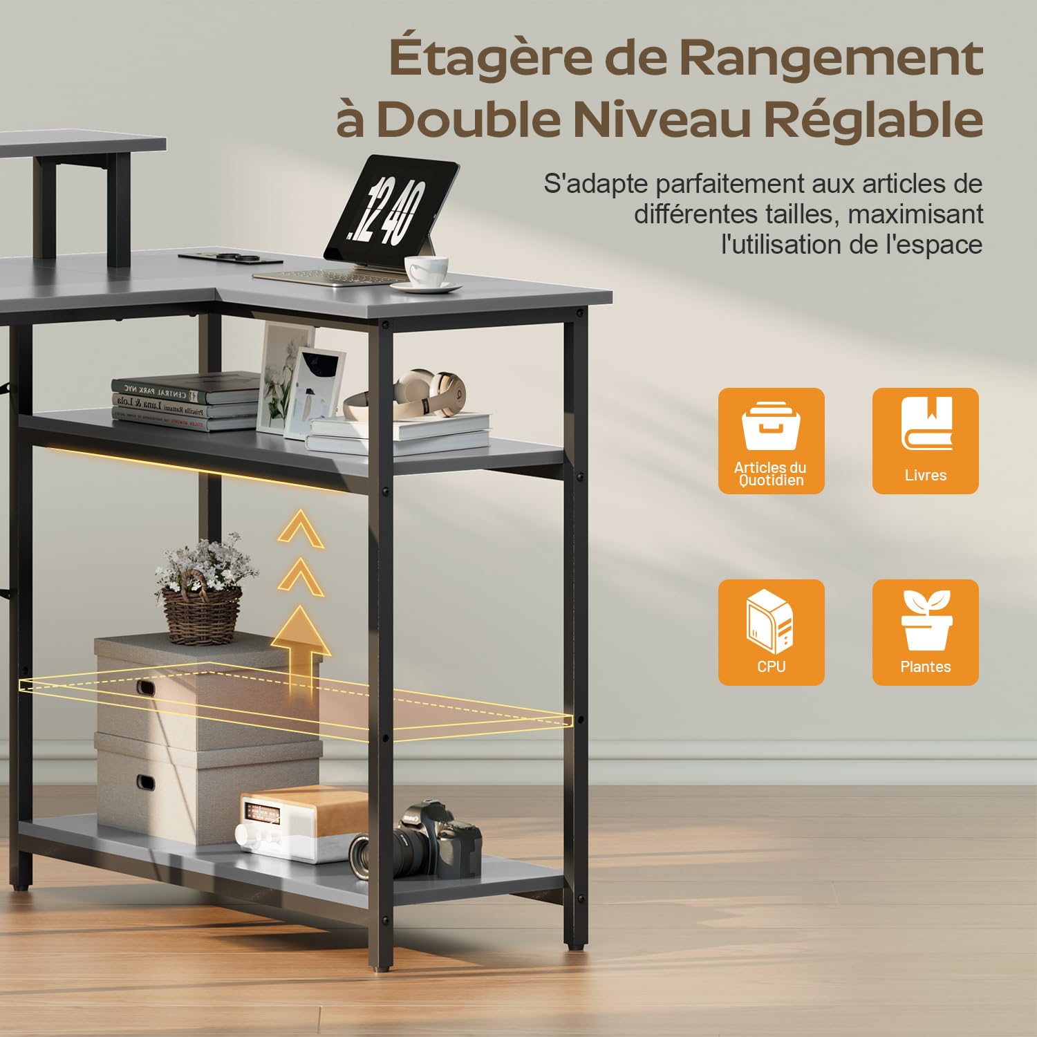 SOLAVERO Bureau Gaming en L LED, 110 x 80 cm, avec Rangement, Gris