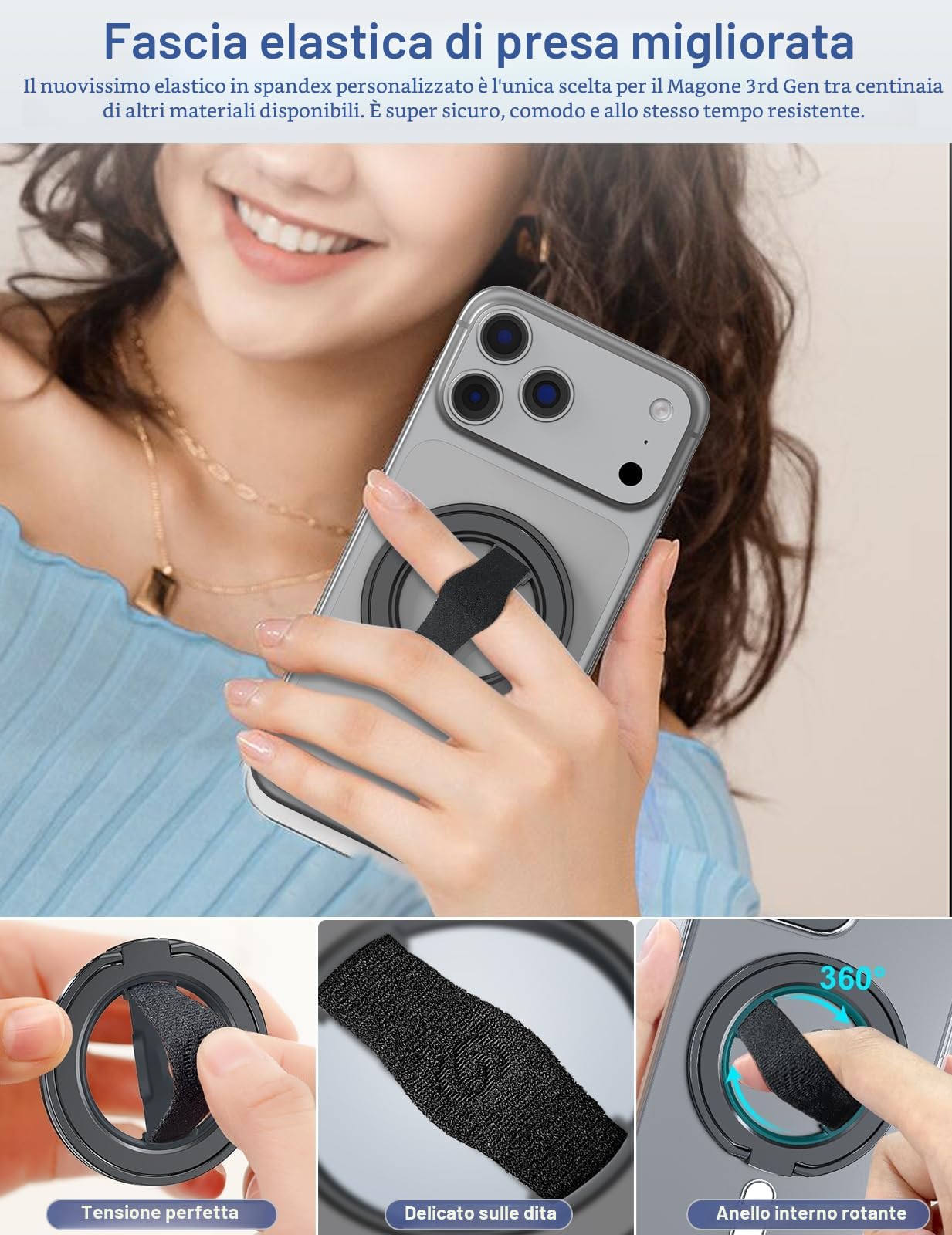 EWA MagOne 3rd Gen [Compatibile con MagSafe] Supporto per telefono cellulare con anello elastico per le dita, anello interno rotante, supporto magnetico rimovibile, per iPhone 16, 15, 14, 13, 12-Nero