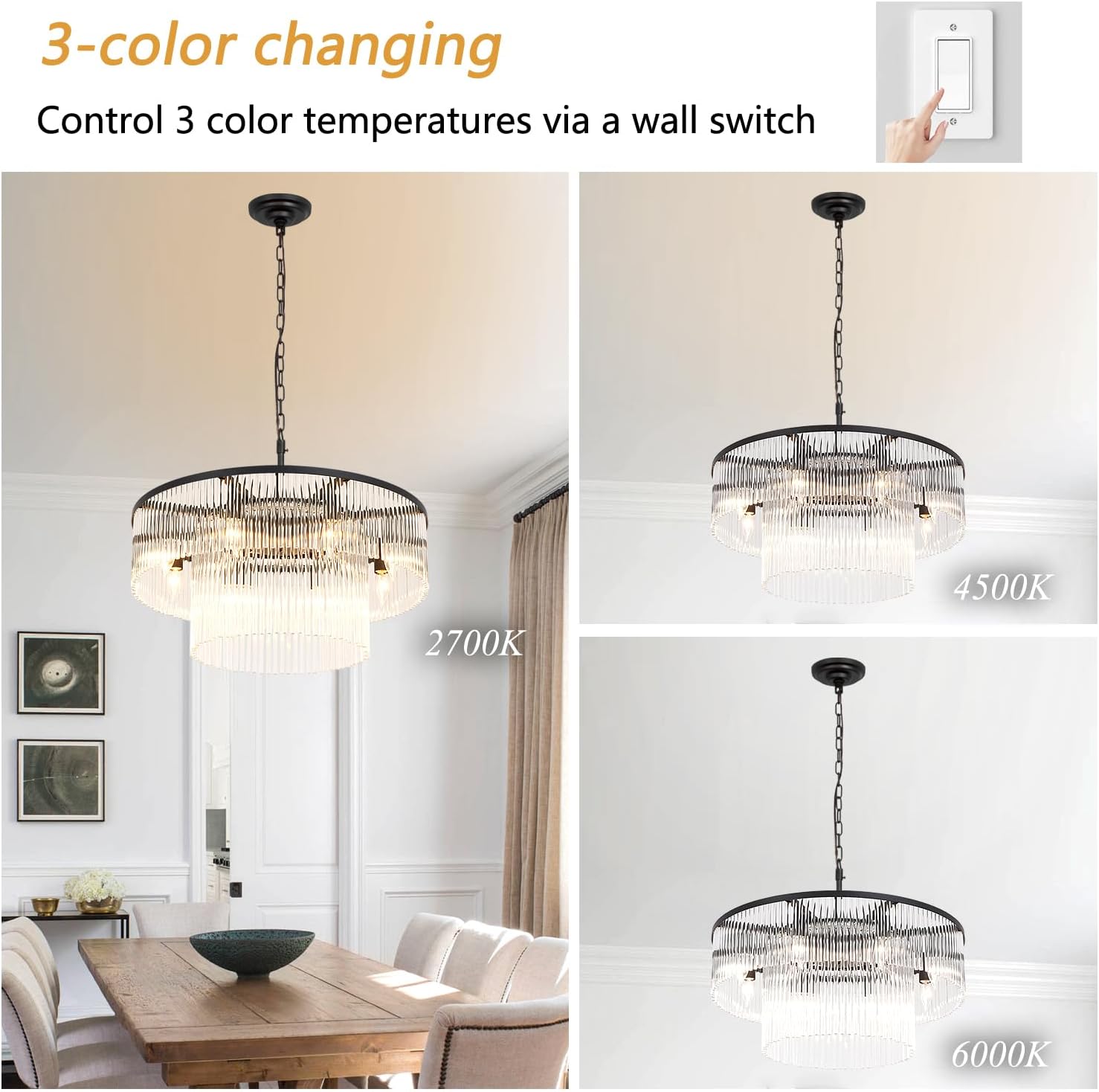 Black Modern Chandelier, 2-Tier Crystal Glass, 8-Light Round Dining Room Chandelier, Contemporary Pendant Ceiling Light for Bedroom Foyer Entryway, 23.6''