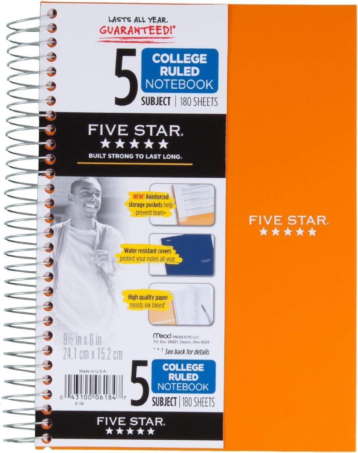 Five Star Spiral Notebook, College Ruled, 5 Subject, 6 x 9.5 Inches, 180 Sheets, Assorted Colors (06184)Pack Of 2
