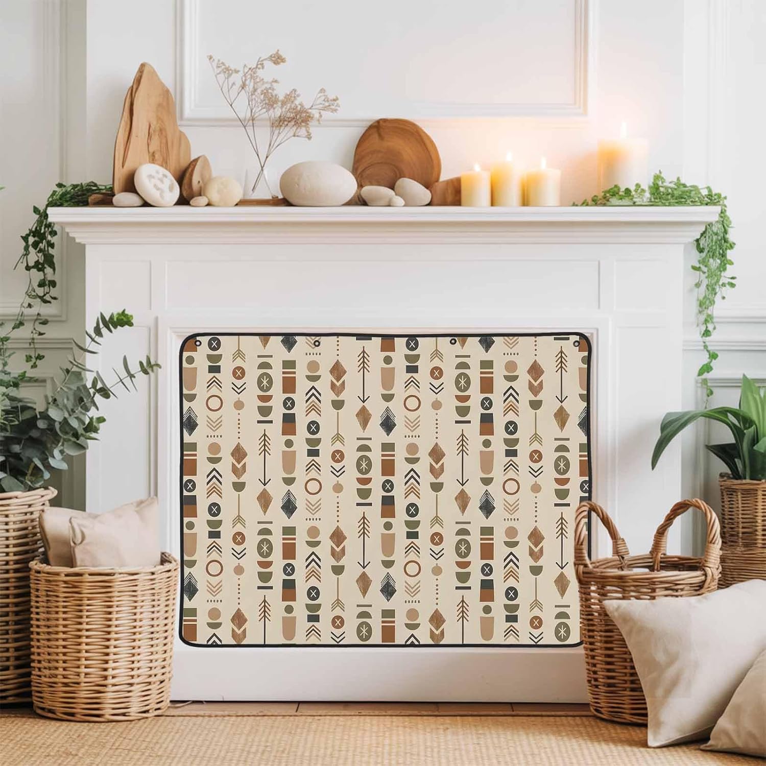 Magnetic Fireplace Cover Bohemian Vertical Totems Fireplace Screen Decorative Brown Tribal Stripes Insulation Fireplace Blocker Save Energy Fireplace Draft Stopper Covers for Living Room 36x30 Inch