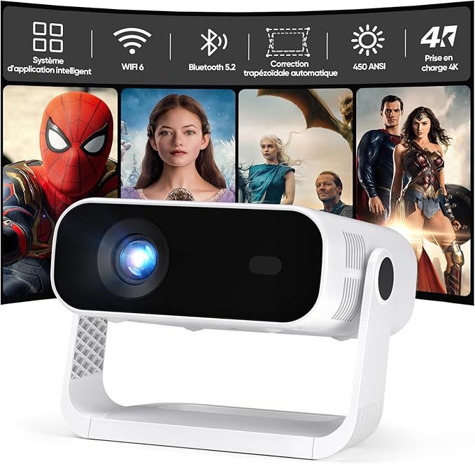 Videoprojecteur Intelligent avec Apps Intégrées, 1080P Natif, Supporte 4K, 450 ANSI, Autofocus Élec, Correction Trapezoidale Auto, WIFI6 & Bluetooth 5.2, Connectable à Android, iOS, Console, Laptop