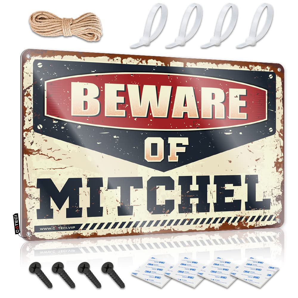 HELIOFORGE Metal Signs Decor Beware Of Mitchel Tin Sign Bar Sign For Home Decor Bar Signs For Home Bar Fun(20X30CM)