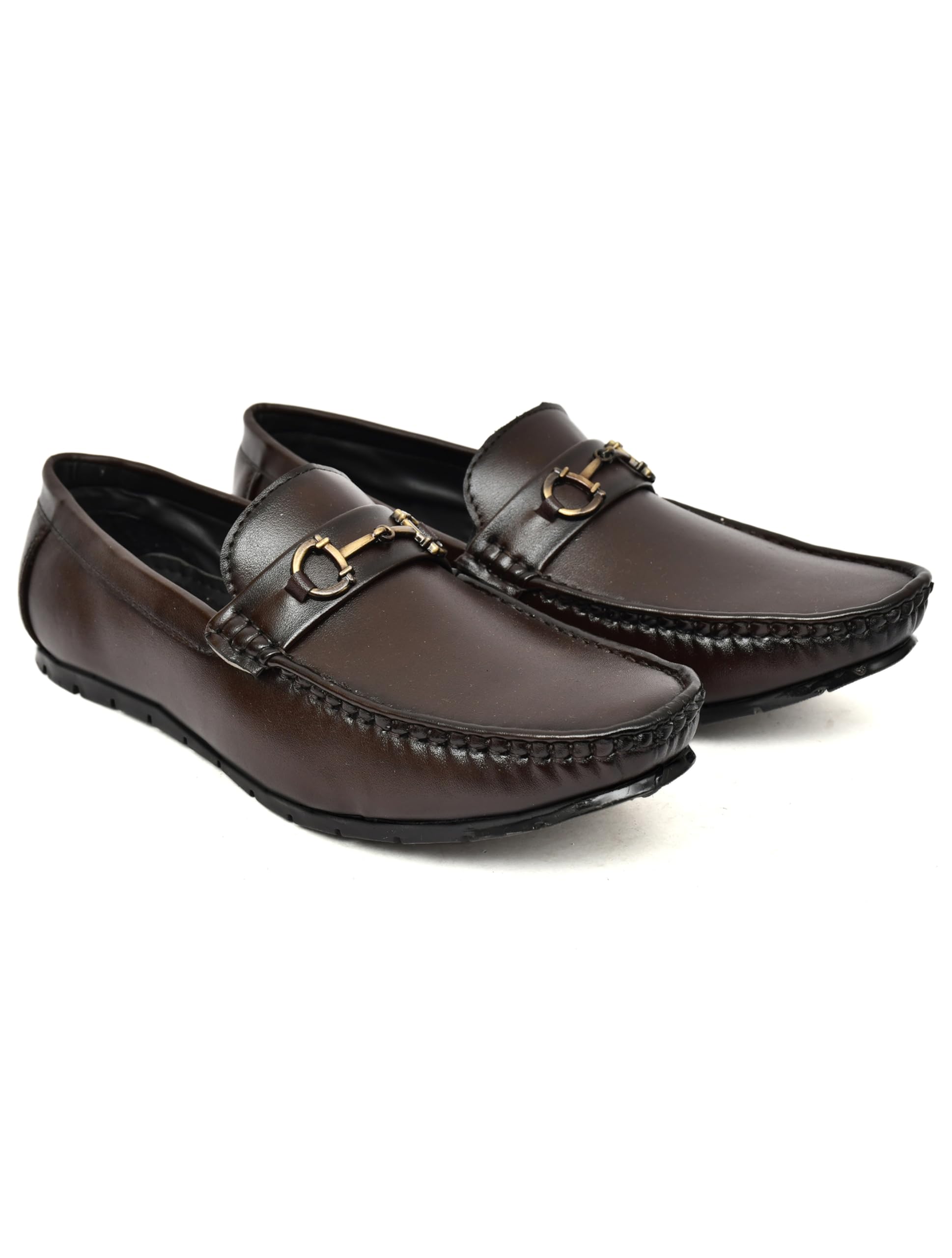 alentra Men's Classic Leather Loafers with Metal Buckle Detail, Brown, Moccasin Style-picture-10