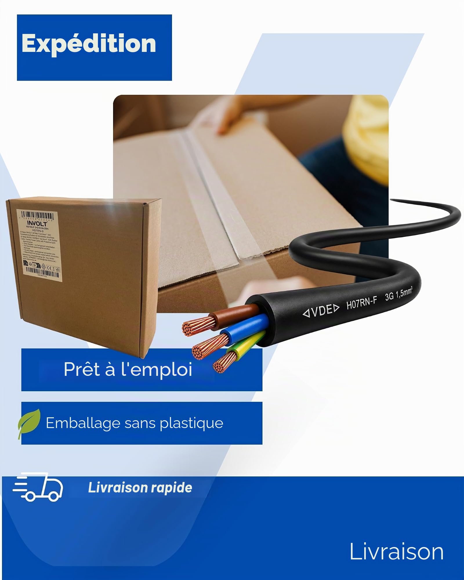 INVOLT Rallonge CEE H07RN-F 3G1,5 en caoutchouc avec conducteur de protection 10 m