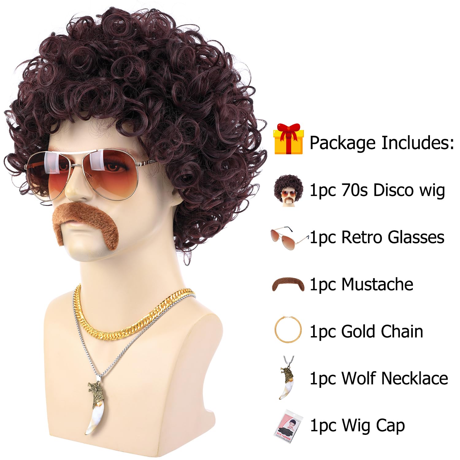 6pcs Set 70s 80s Disco wig with Mustache Glasses Artificial Wolf Necklace Gold Chain Short Curly Synthetic Hair Afro Mens Wig for 60s Hippies Costume Cosplay Halloween Party (Reddish Brown) - Image 2