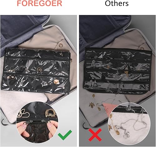 Miniatura 4 de FOREGOER Organizador de joyas colgante de doble cara, 43 bolsillos, organizador grande de accesorios para collares, aretes, (negro)